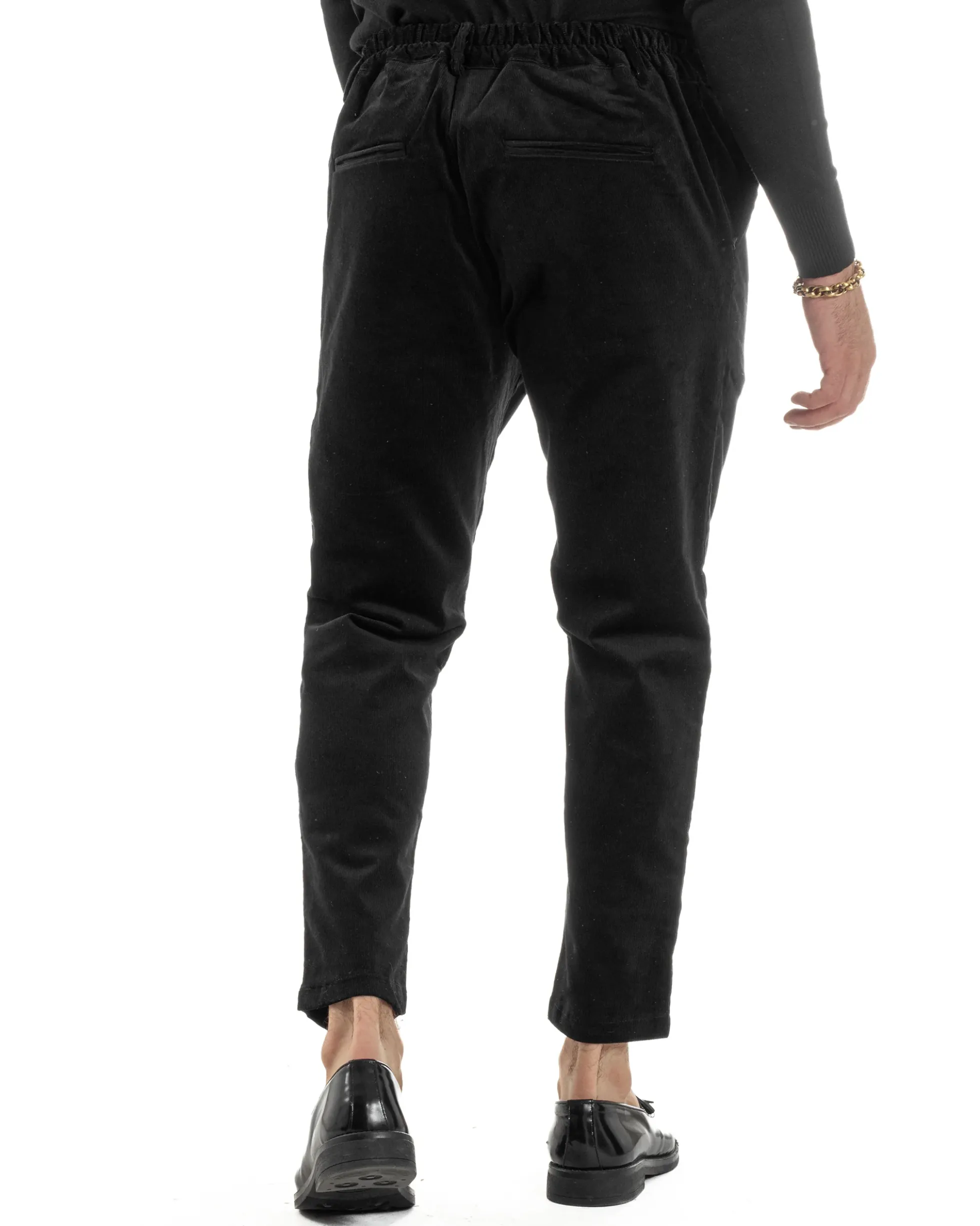 Pantaloni Uomo Velluto Tasche America Pinces Chino Nero P6416A