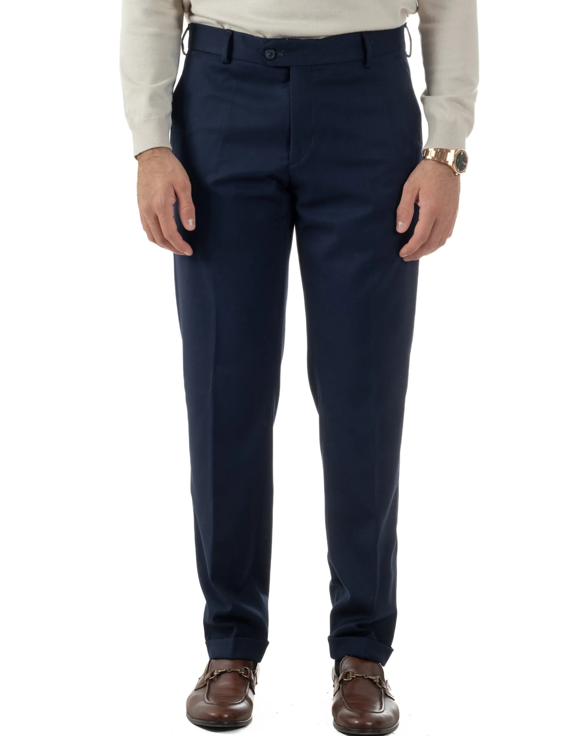 Pantaloni Uomo Viscosa Abbottonatura Allungata Elegante Classico Blu P6430A