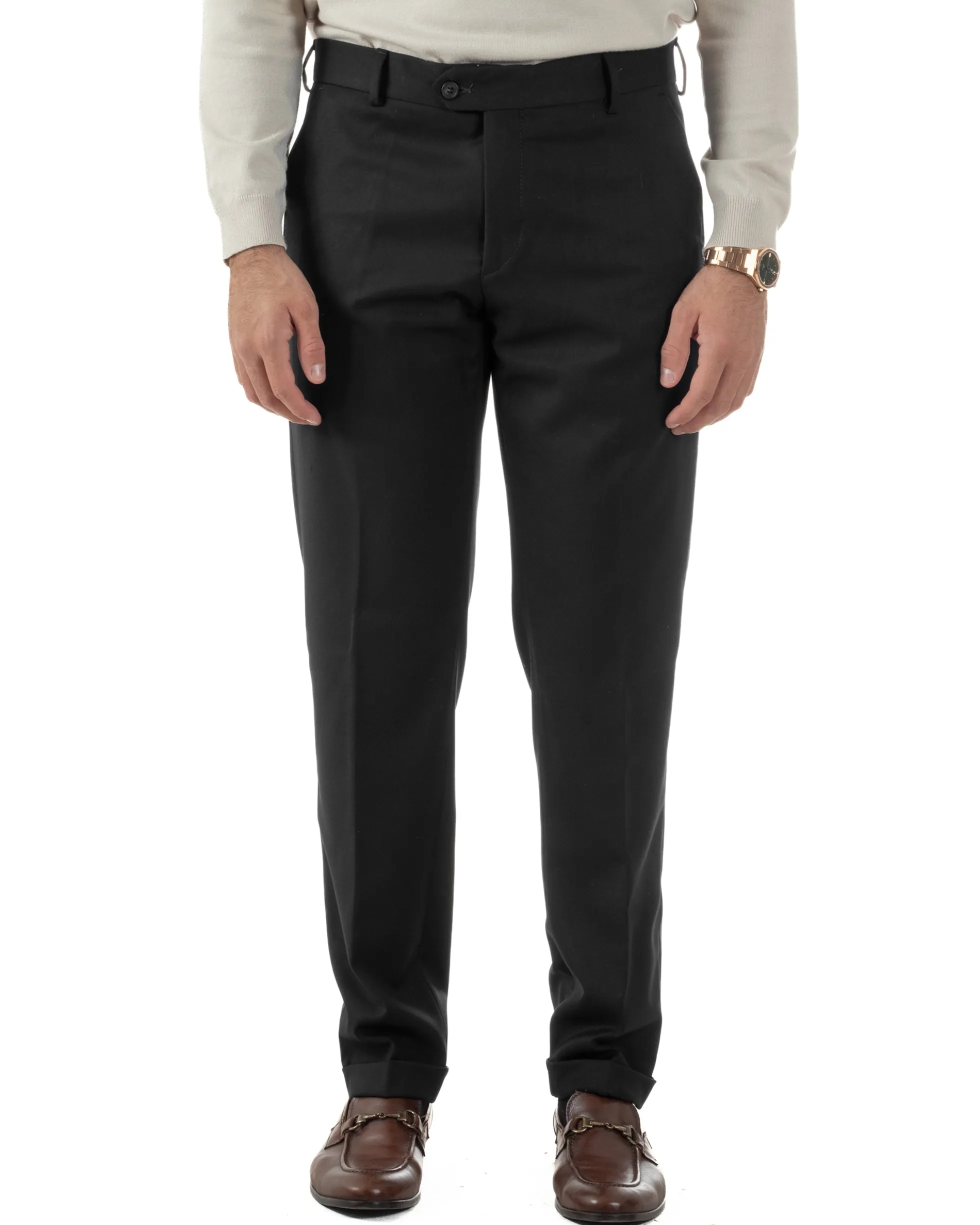 Pantaloni Uomo Viscosa Abbottonatura Allungata Elegante Classico Nero P6431A