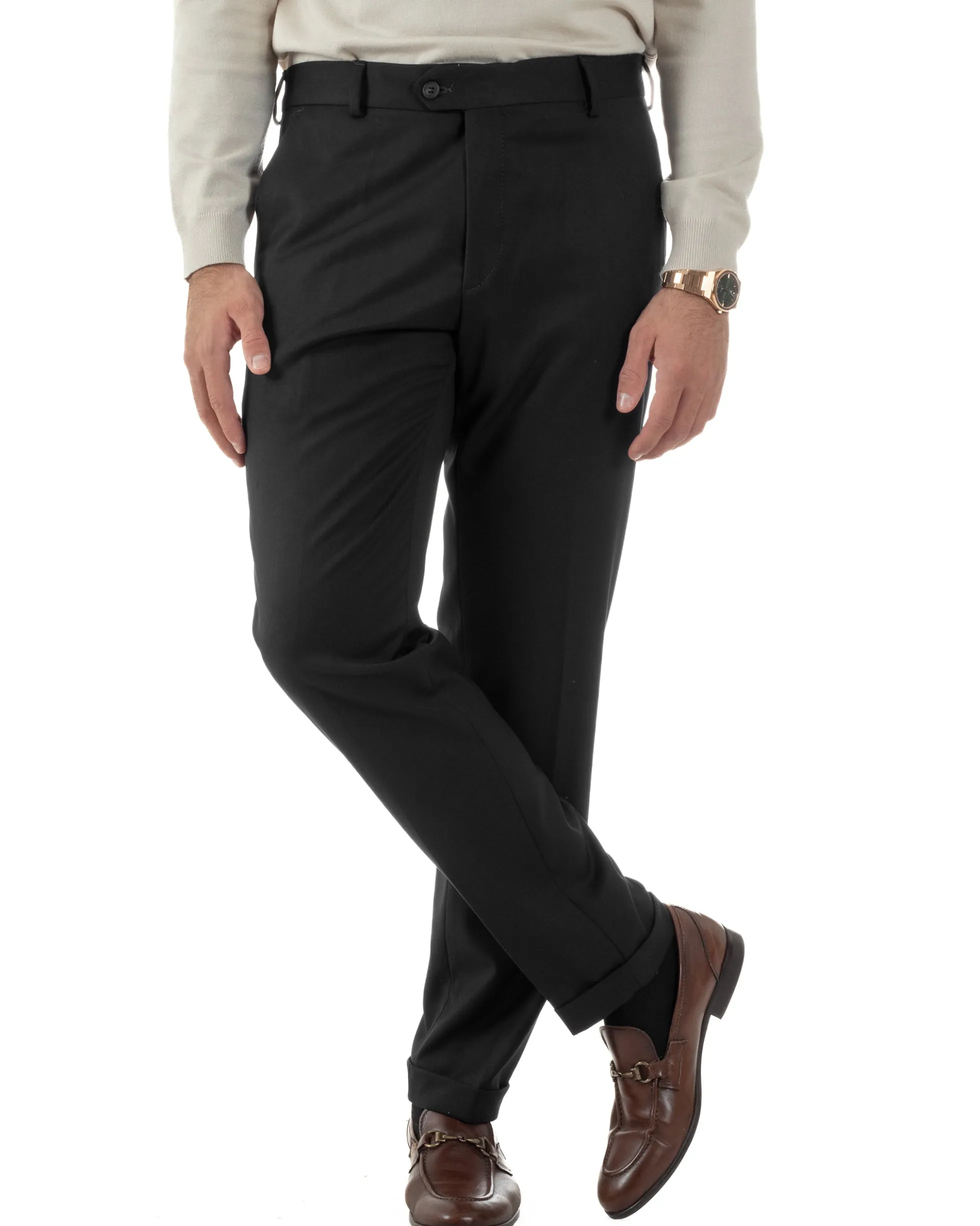 Pantaloni Uomo Viscosa Abbottonatura Allungata Elegante Classico Nero P6431A