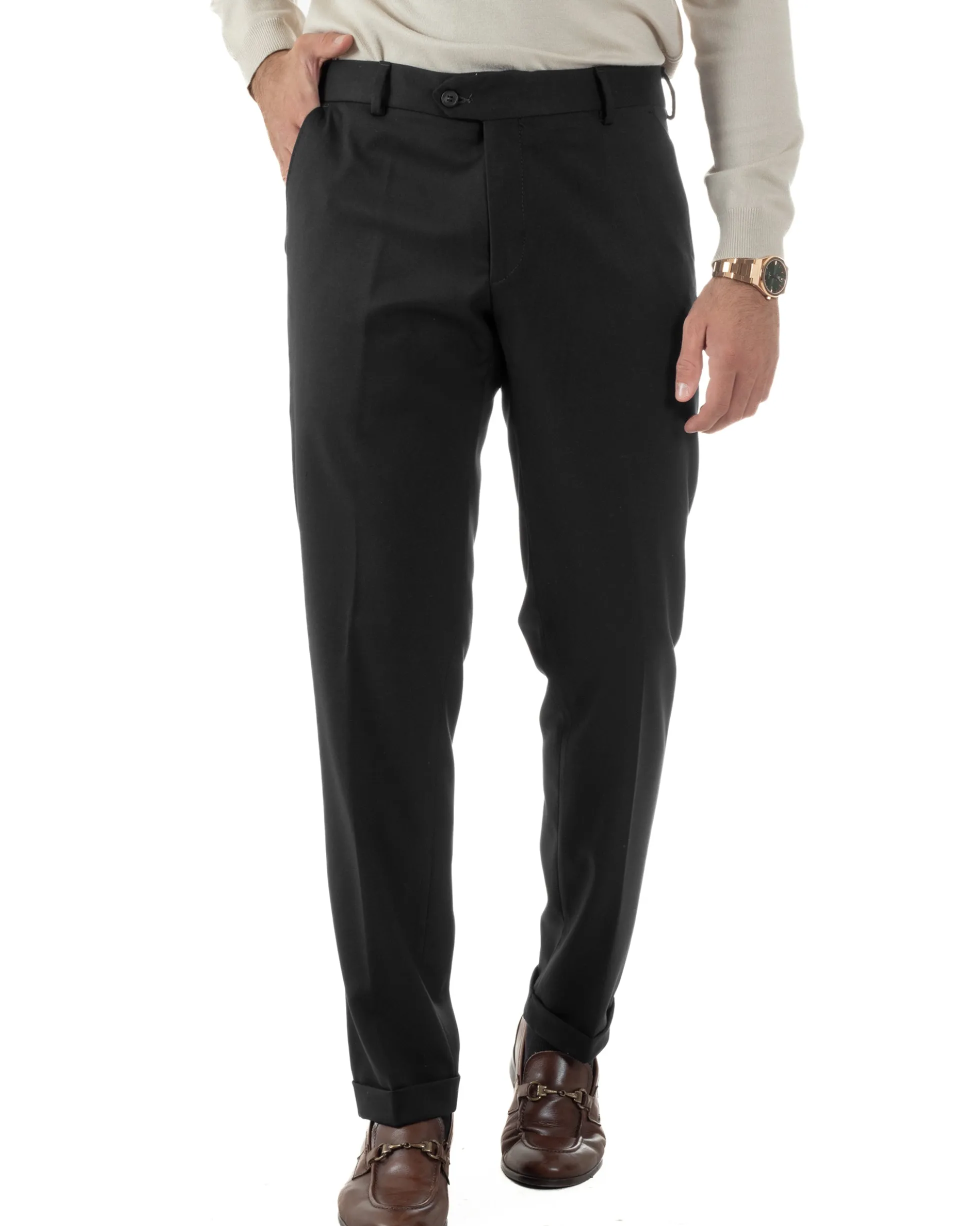 Pantaloni Uomo Viscosa Abbottonatura Allungata Elegante Classico Nero P6431A