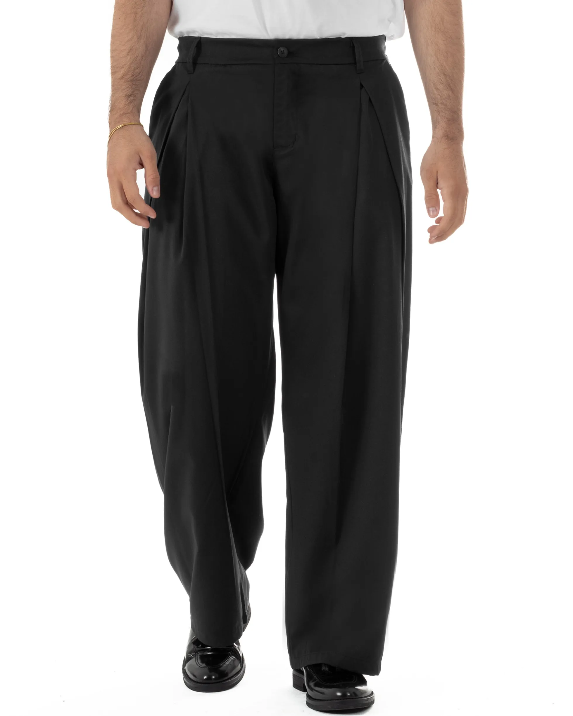 Pantaloni uomo viscosa baggy wide fit pinces estivo nero GIOSAL-P6459A