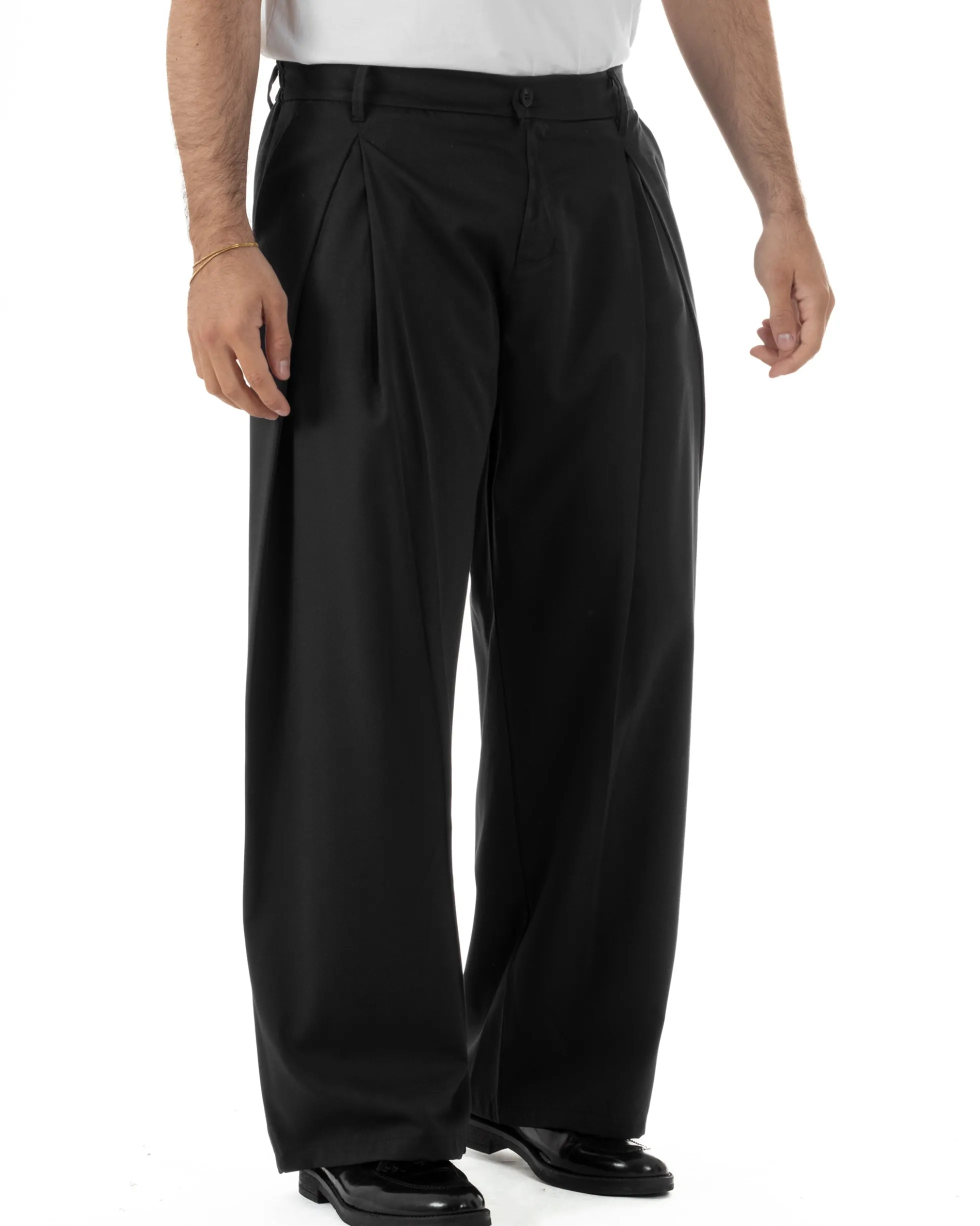 Pantaloni uomo viscosa baggy wide fit pinces estivo nero GIOSAL-P6459A