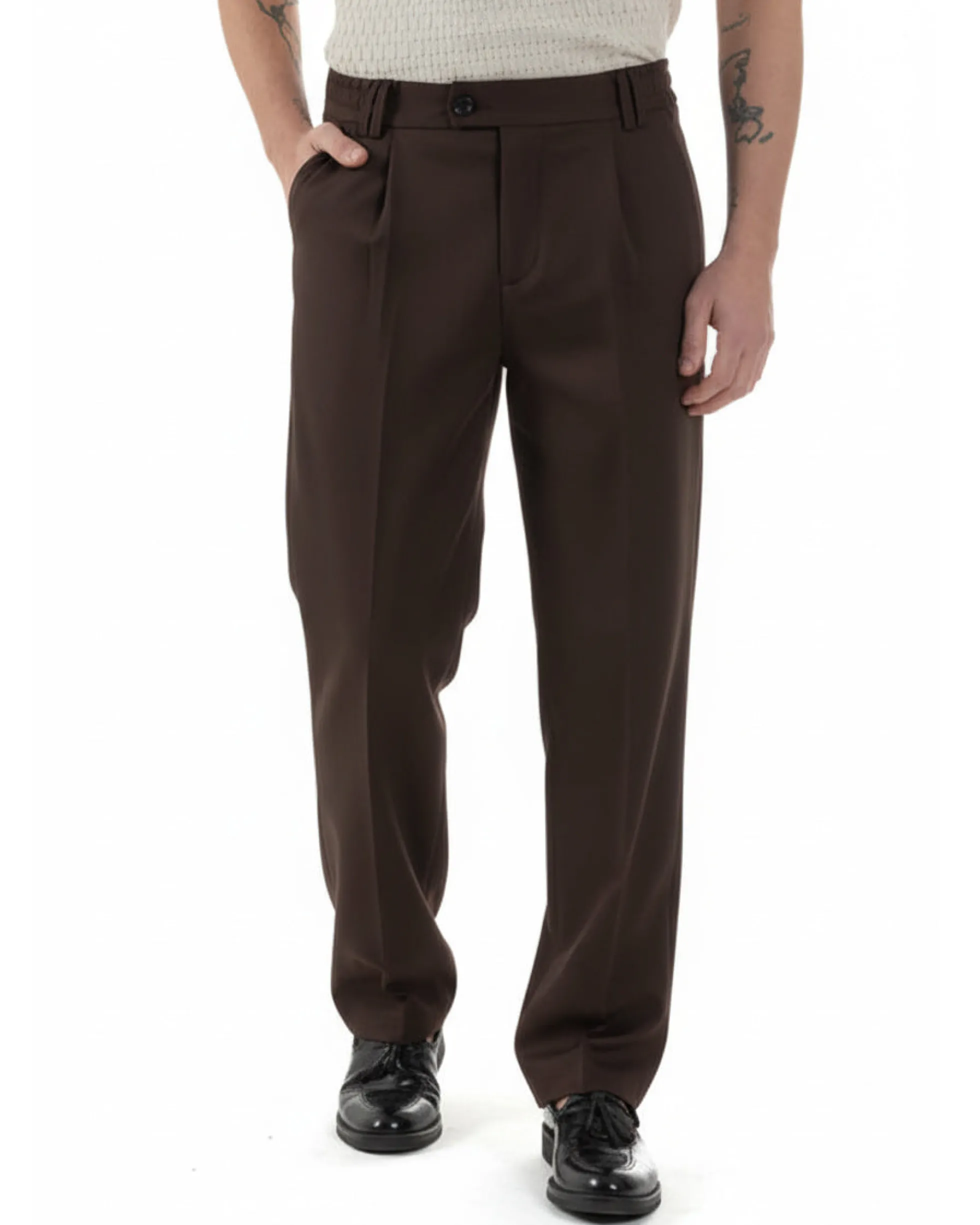 Pantaloni uomo viscosa baggy fondo ampio elastico sul retro abbottonatura allungata marrone GIOSAL-P6445A