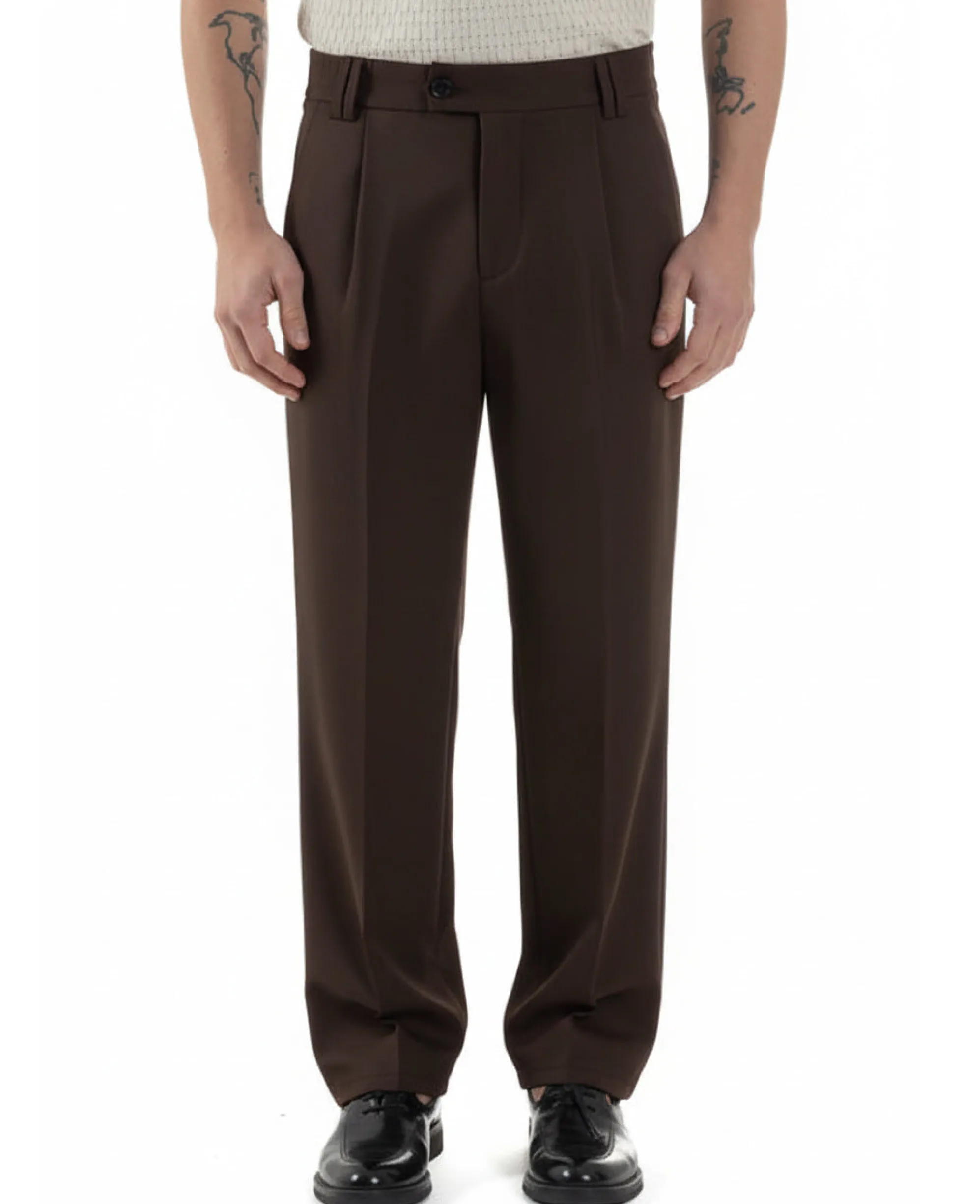 Pantaloni uomo viscosa baggy fondo ampio elastico sul retro abbottonatura allungata marrone GIOSAL-P6445A