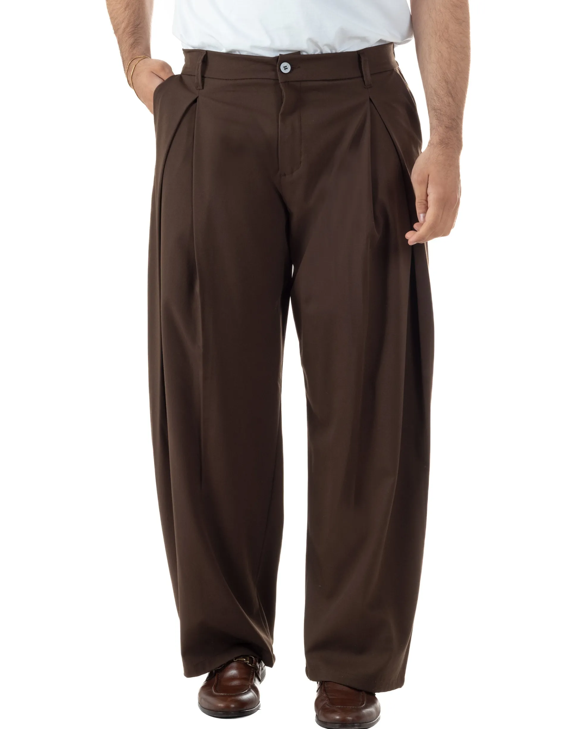 Pantaloni uomo viscosa baggy wide fit pinces estivo marrone GIOSAL-P6460A