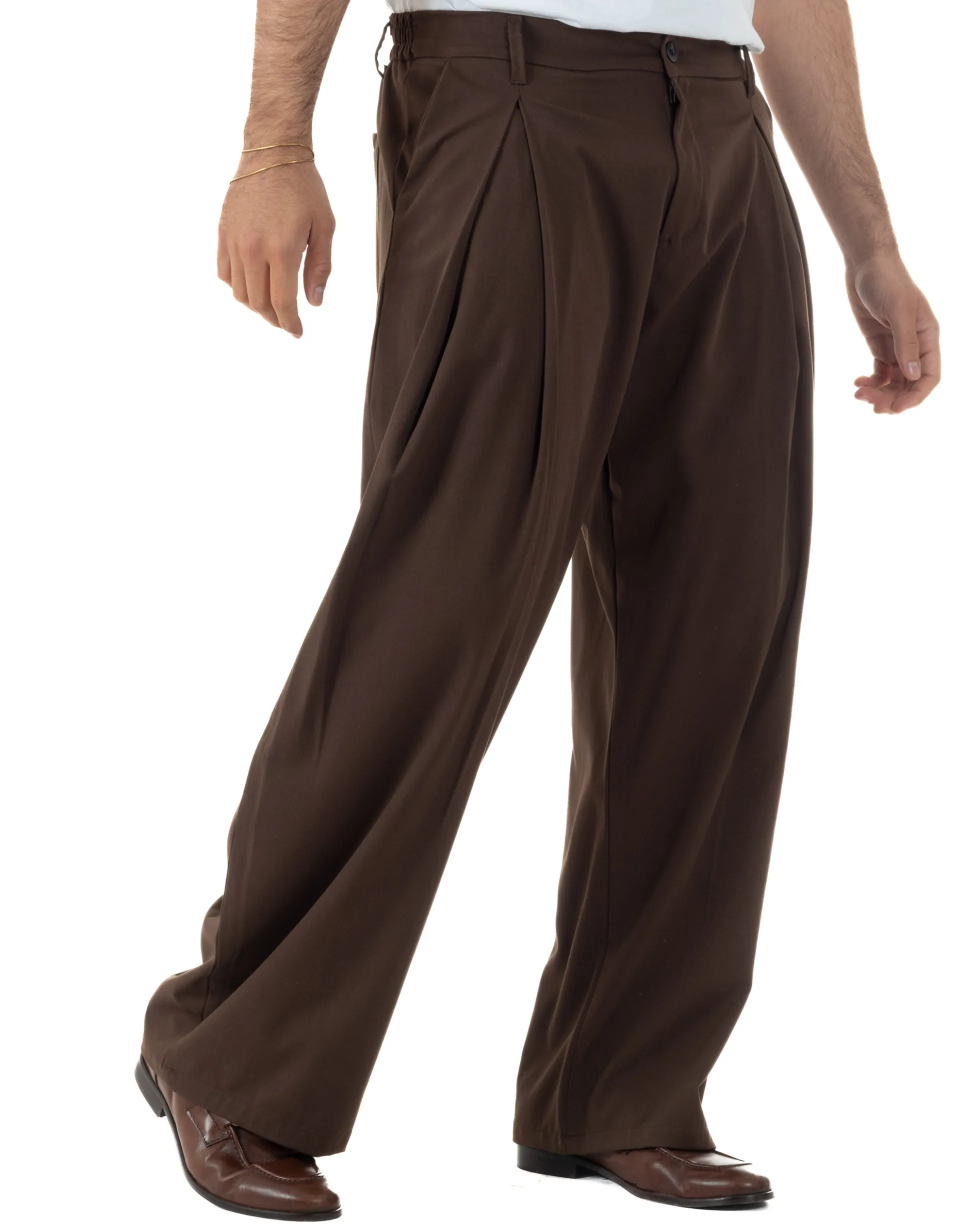 Pantaloni uomo viscosa baggy wide fit pinces estivo marrone GIOSAL-P6460A