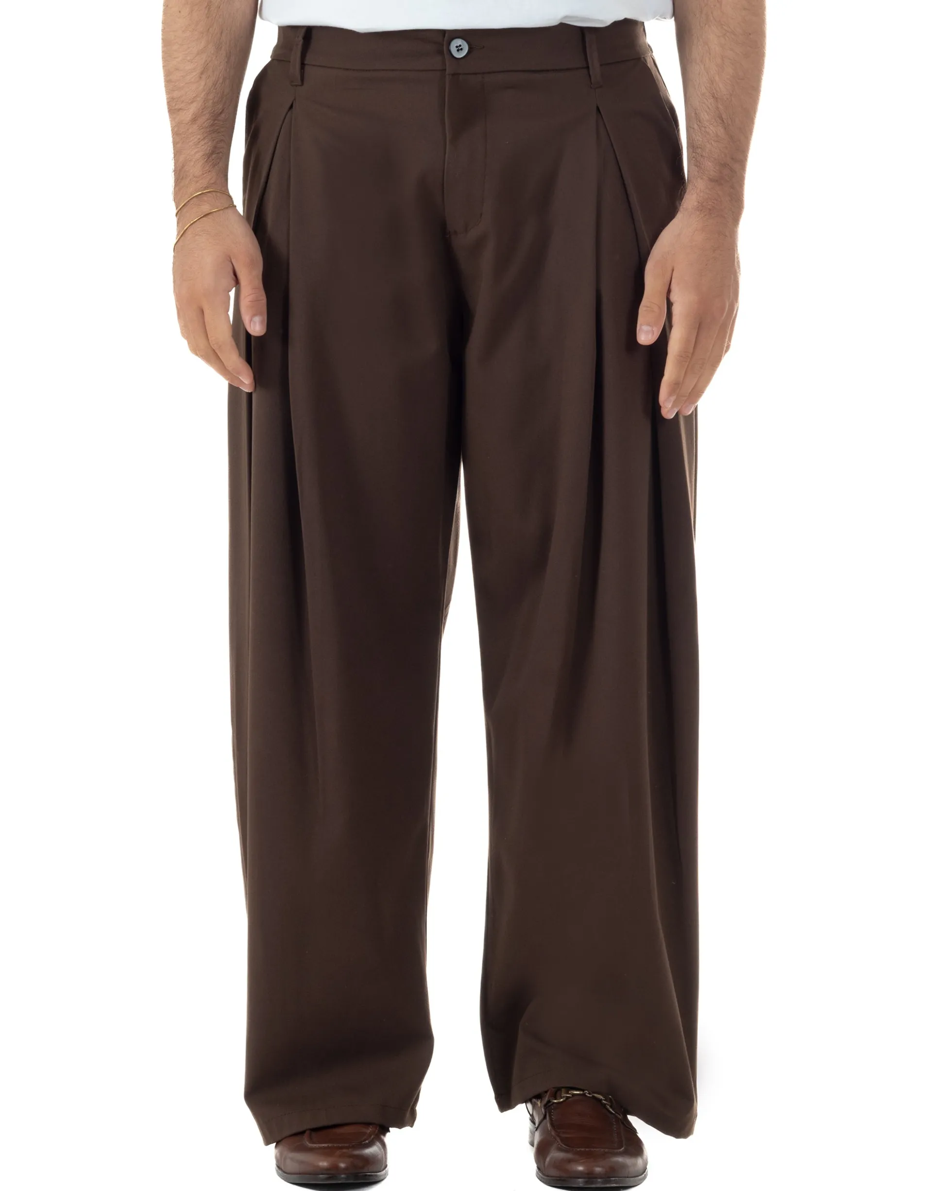 Pantaloni uomo viscosa baggy wide fit pinces estivo marrone GIOSAL-P6460A