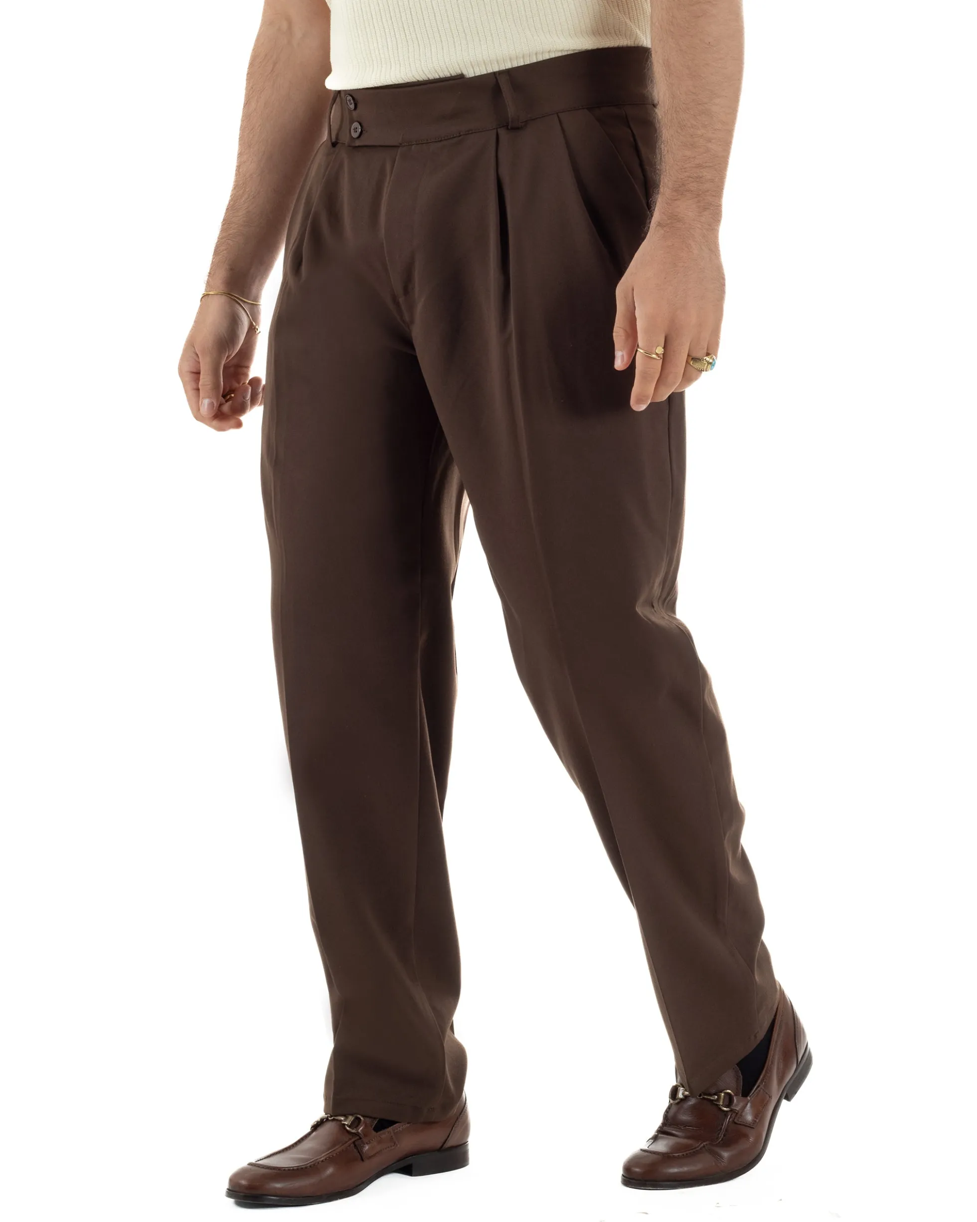 Pantaloni uomo viscosa baggy fondo ampio vita alta pinces marrone GIOSAL-P6481A