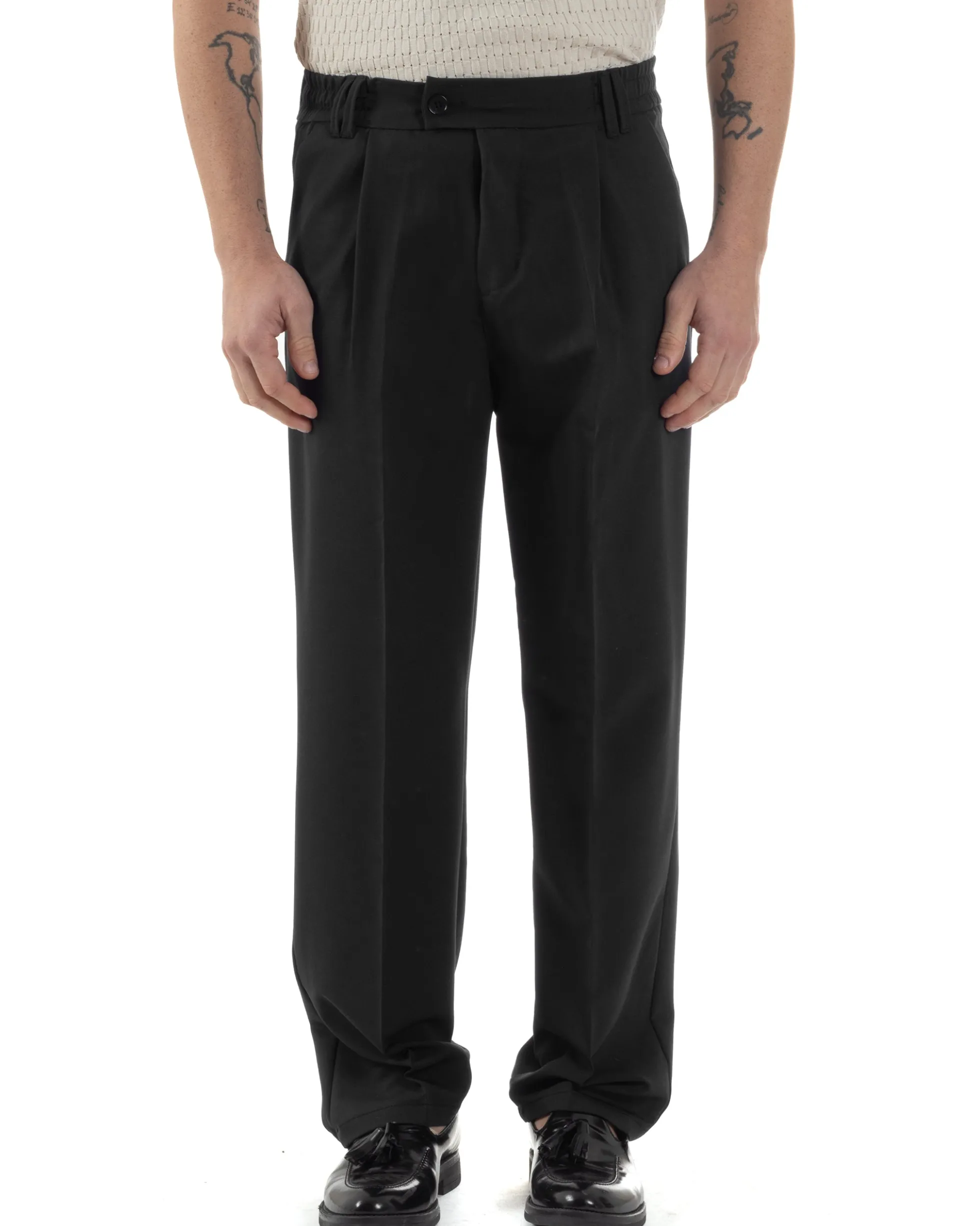 Pantaloni uomo viscosa baggy fondo ampio elastico sul retro abbottonatura allungata nero GIOSAL-P6257A
