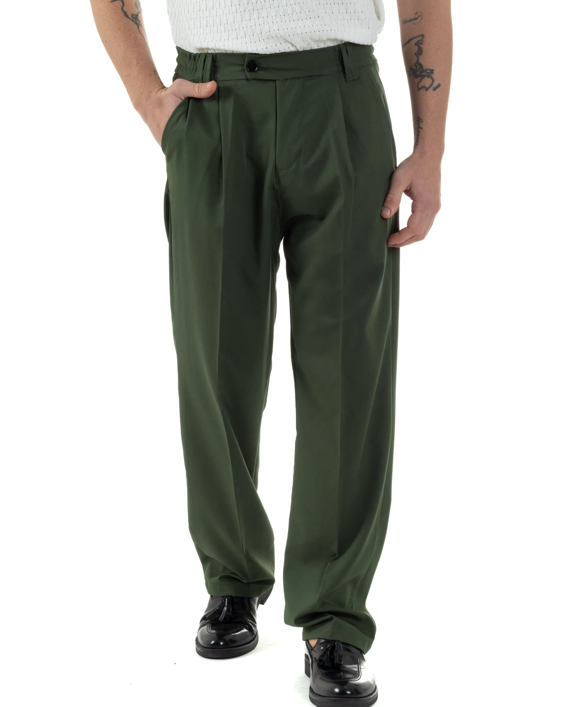 Pantaloni uomo viscosa baggy fondo ampio elastico sul retro abbottonatura allungata verde GIOSAL-P6256A