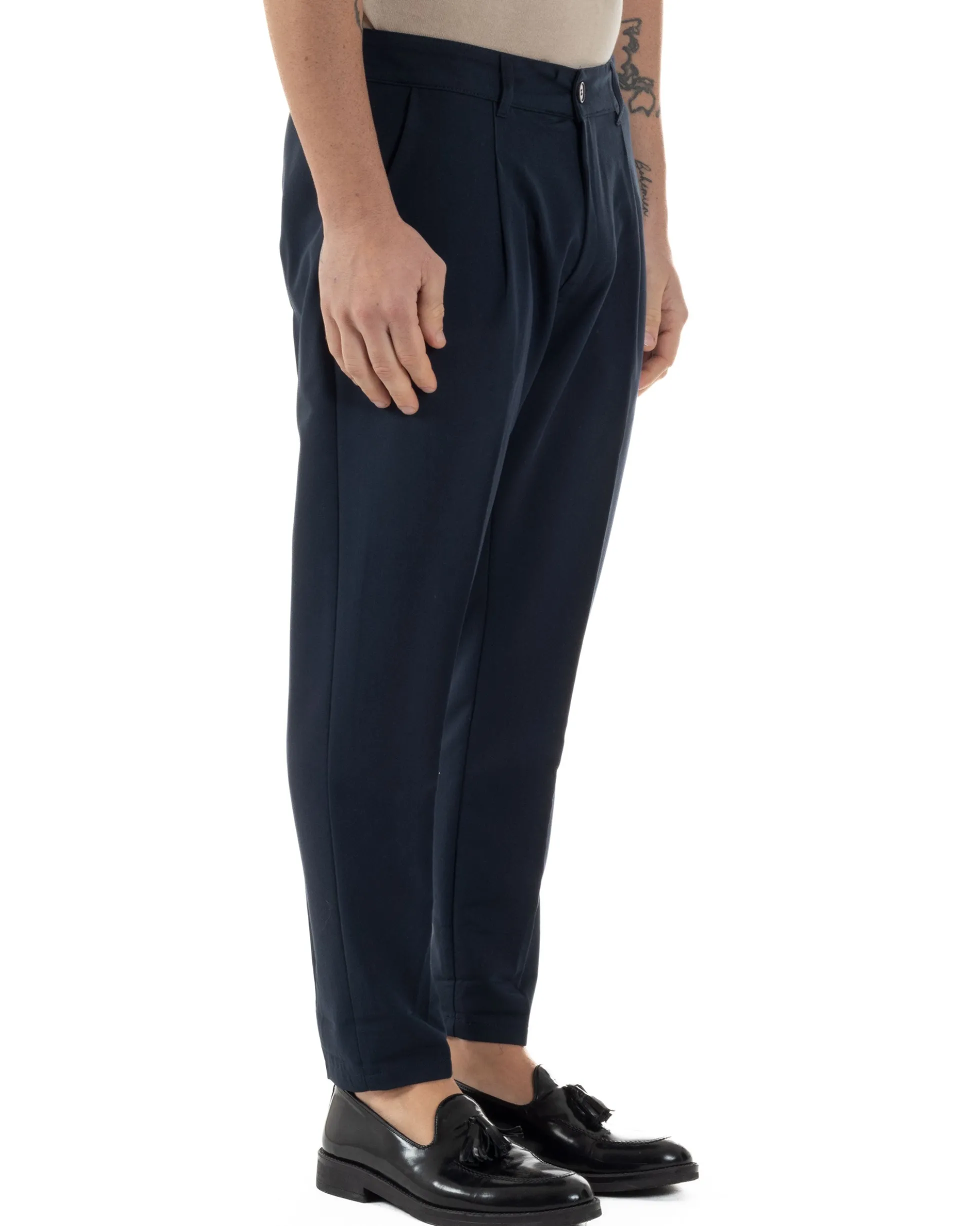 Pantaloni Uomo Viscosa Capri Classico Tasche America Pinces Blu P6225A