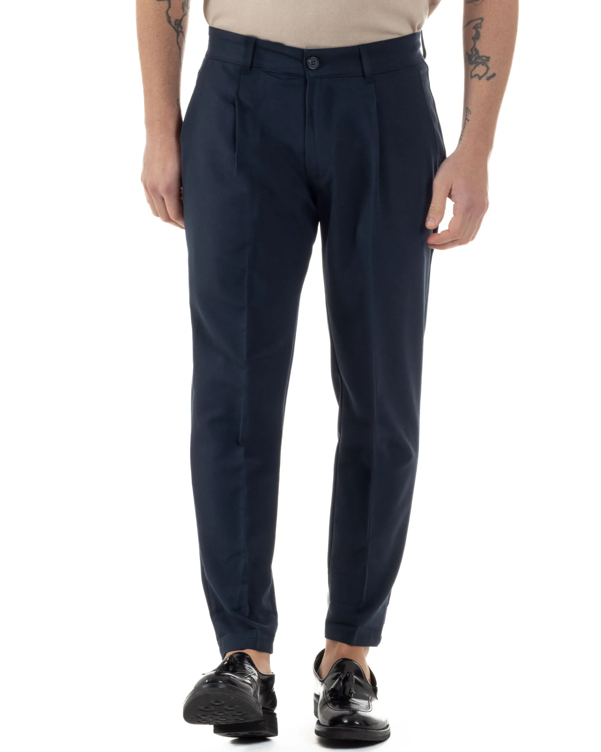 Pantaloni Uomo Viscosa Capri Classico Tasche America Pinces Blu P6225A
