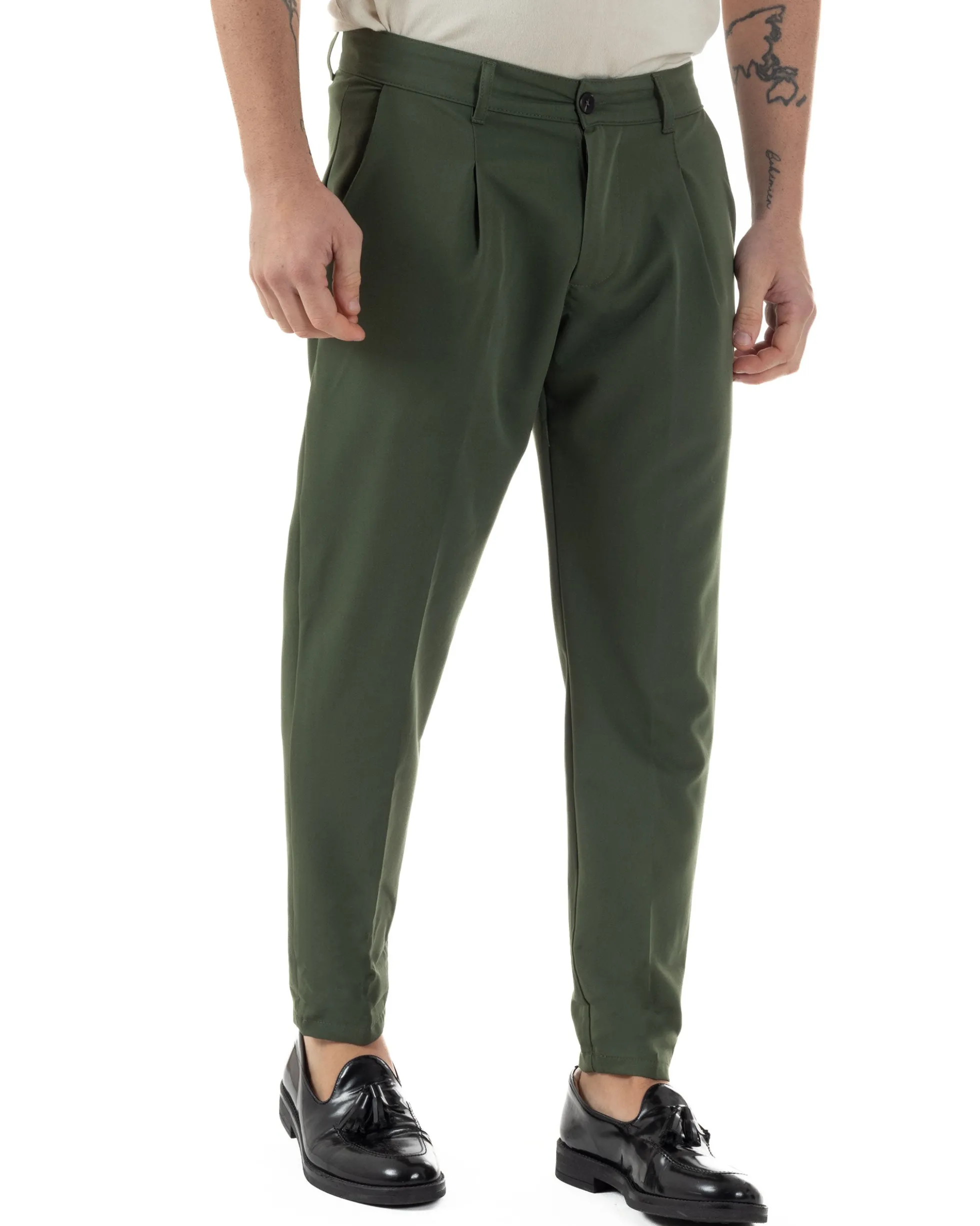 Pantaloni Uomo Viscosa Capri Classico Tasche America Pinces Verde P6229A