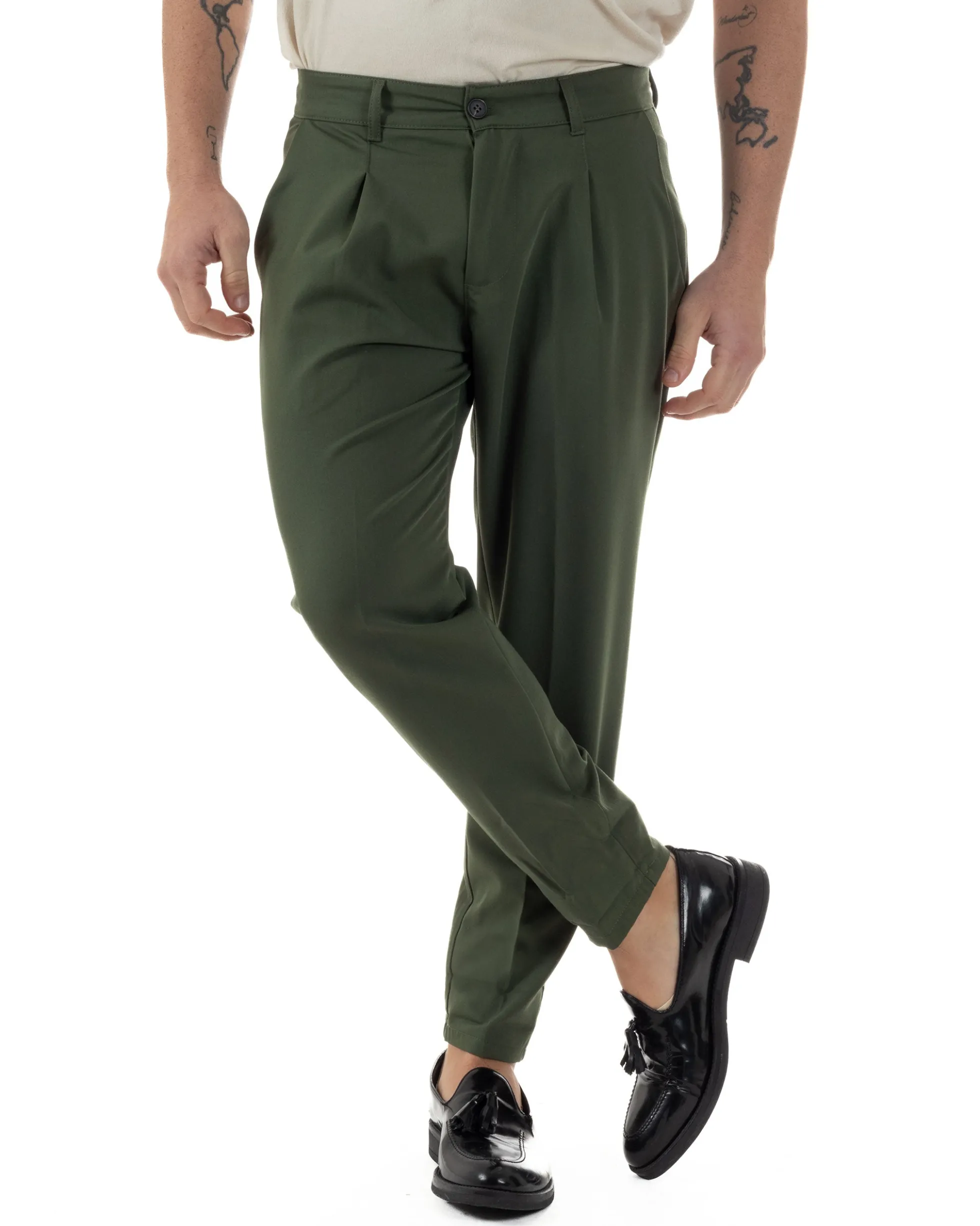 Pantaloni Uomo Viscosa Capri Classico Tasche America Pinces Verde P6229A