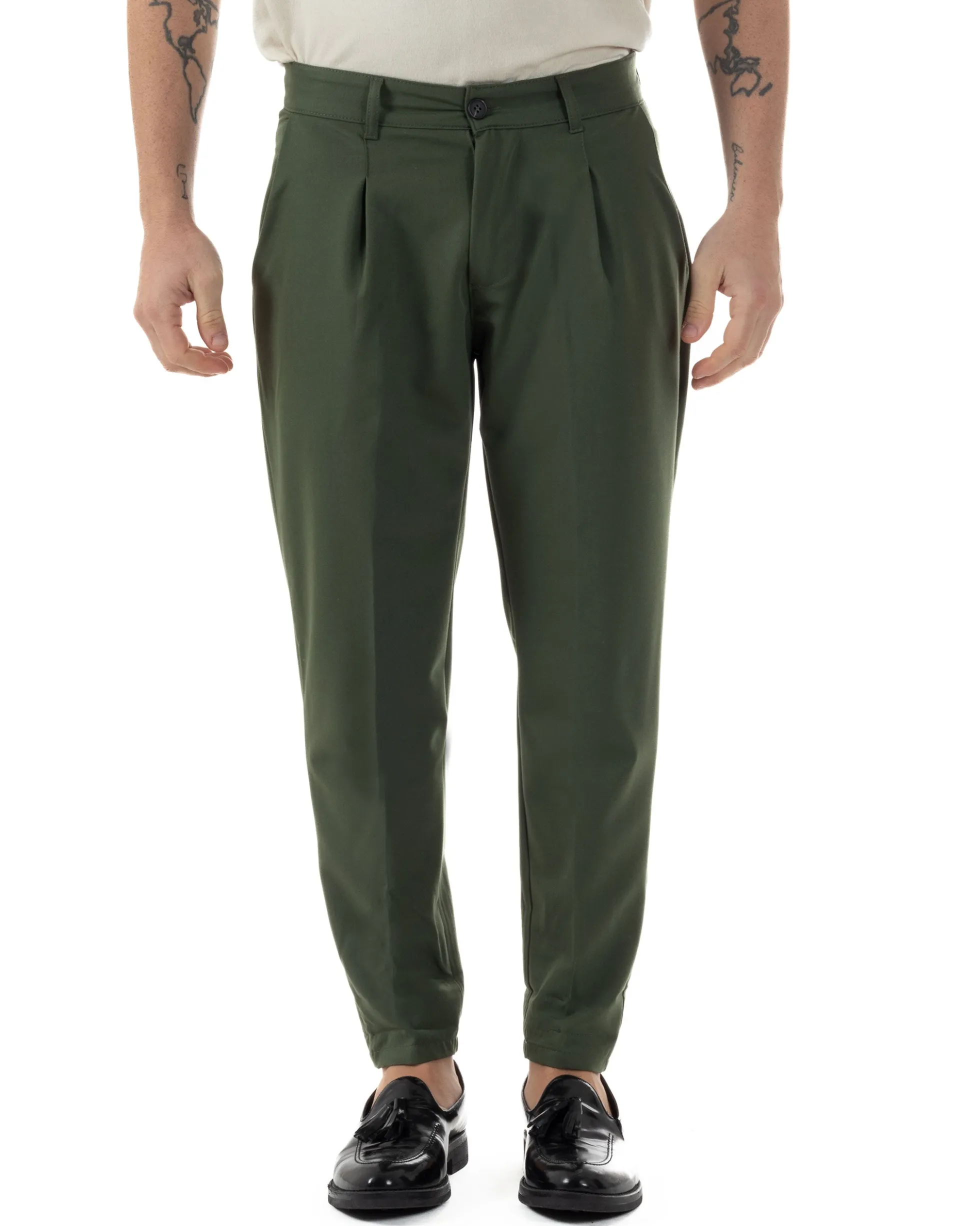 Pantaloni Uomo Viscosa Capri Classico Tasche America Pinces Verde P6229A