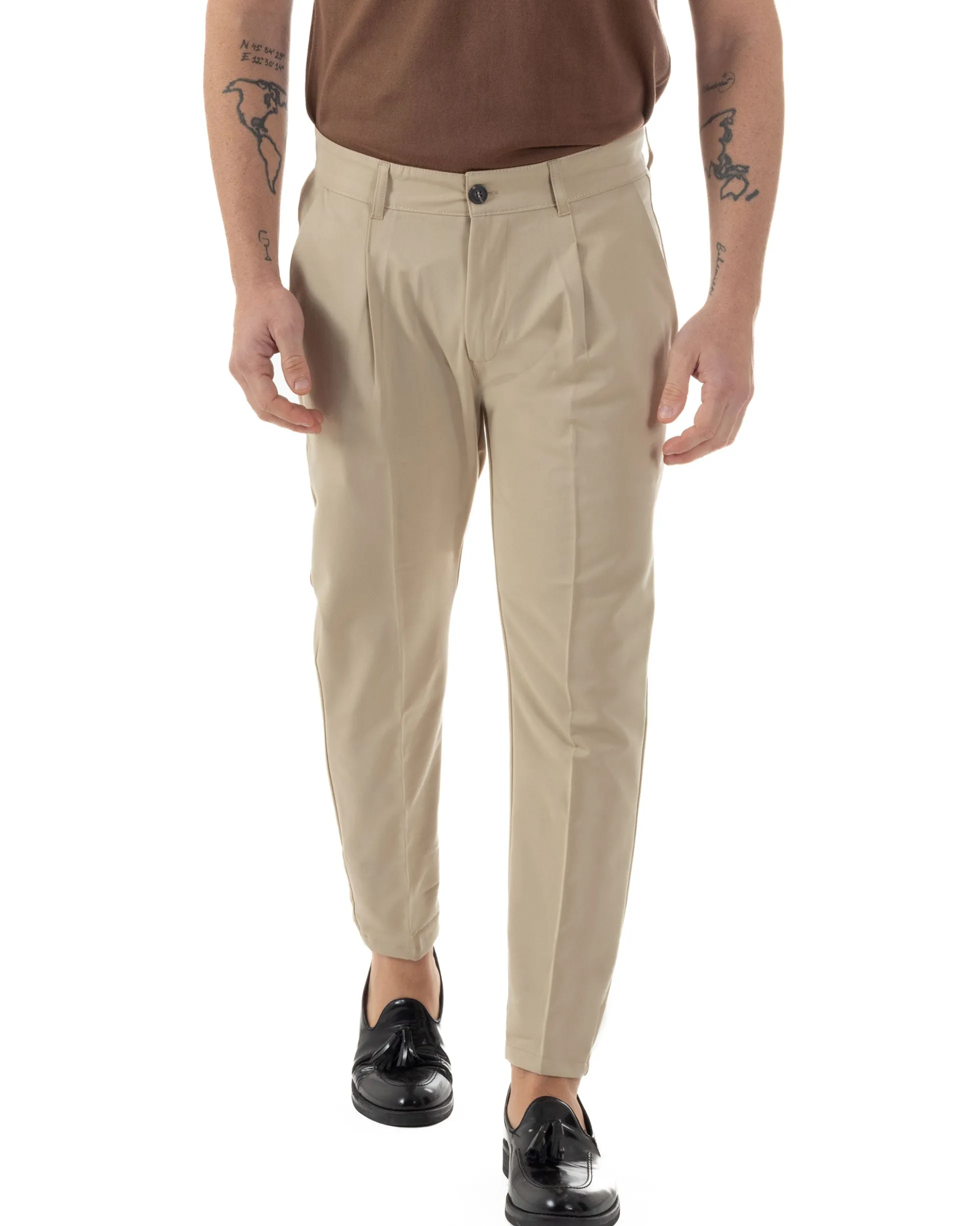 Pantaloni Uomo Viscosa Capri Classico Tasche America Pinces Beige P6226A