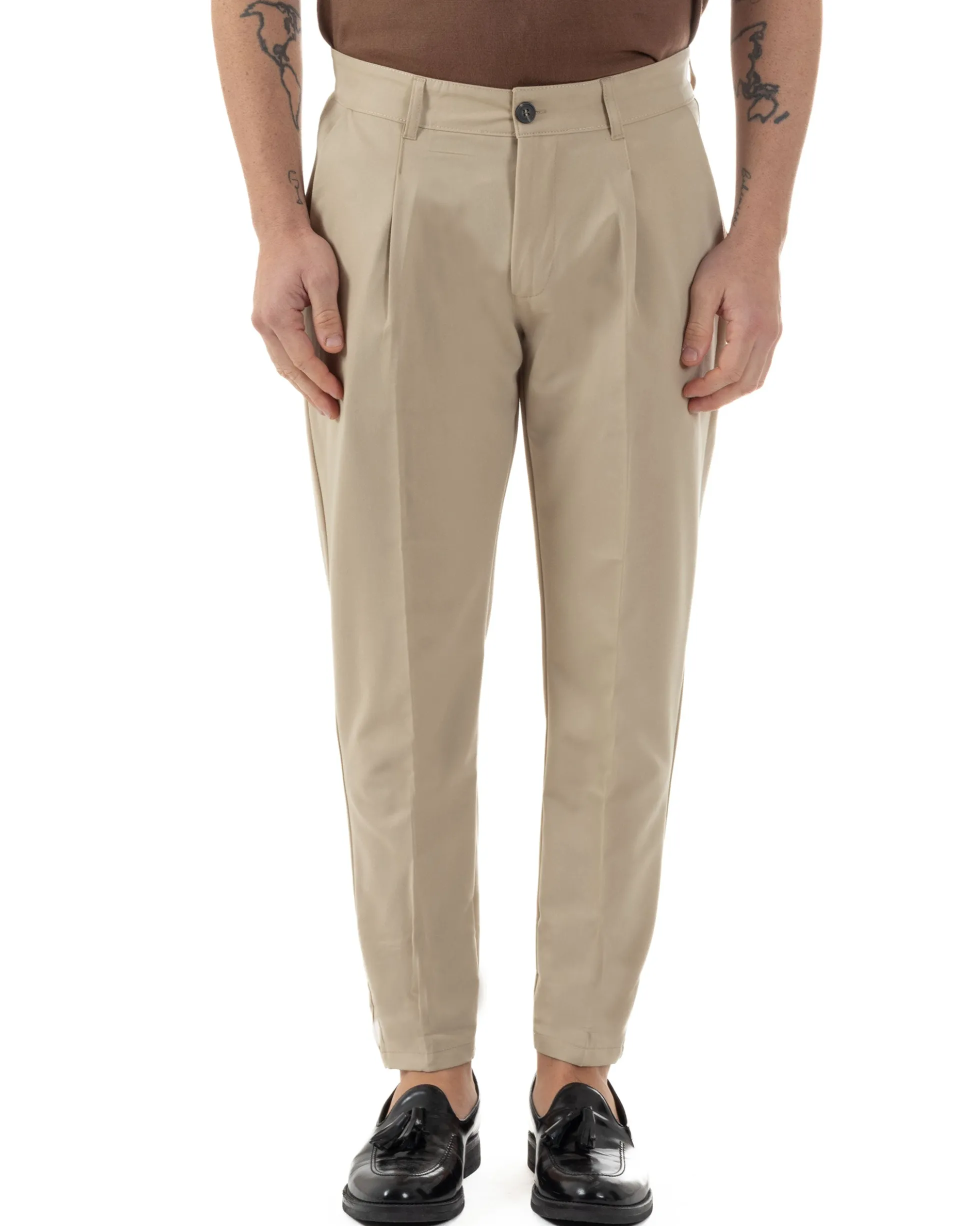 Pantaloni Uomo Viscosa Capri Classico Tasche America Pinces Beige P6226A
