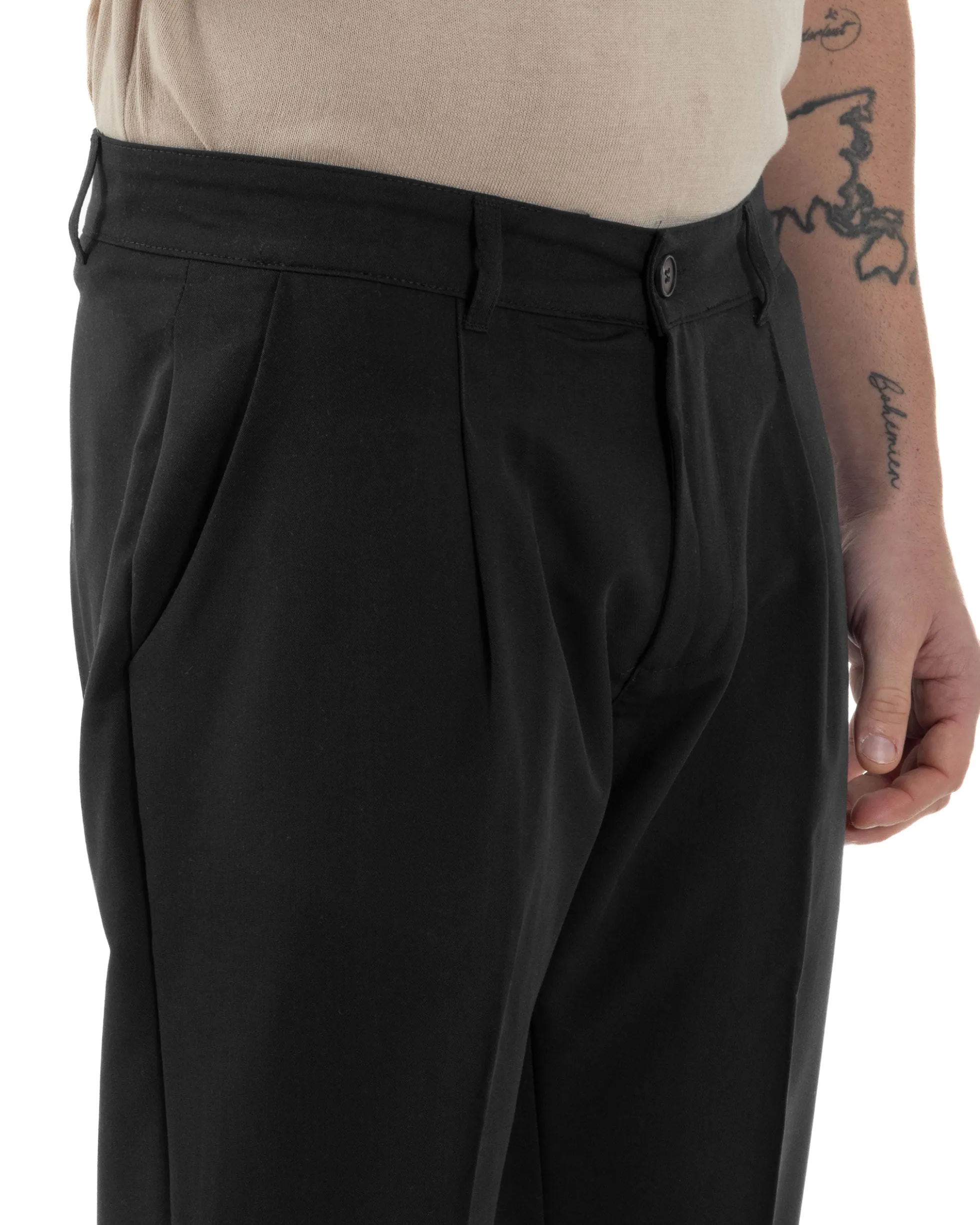 Pantaloni Uomo Viscosa Capri Classico Tasche America Pinces Nero P6228A