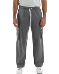 Pantaloni Uomo Viscosa Cargo Baggy Tinta Unita Grigio P6359A