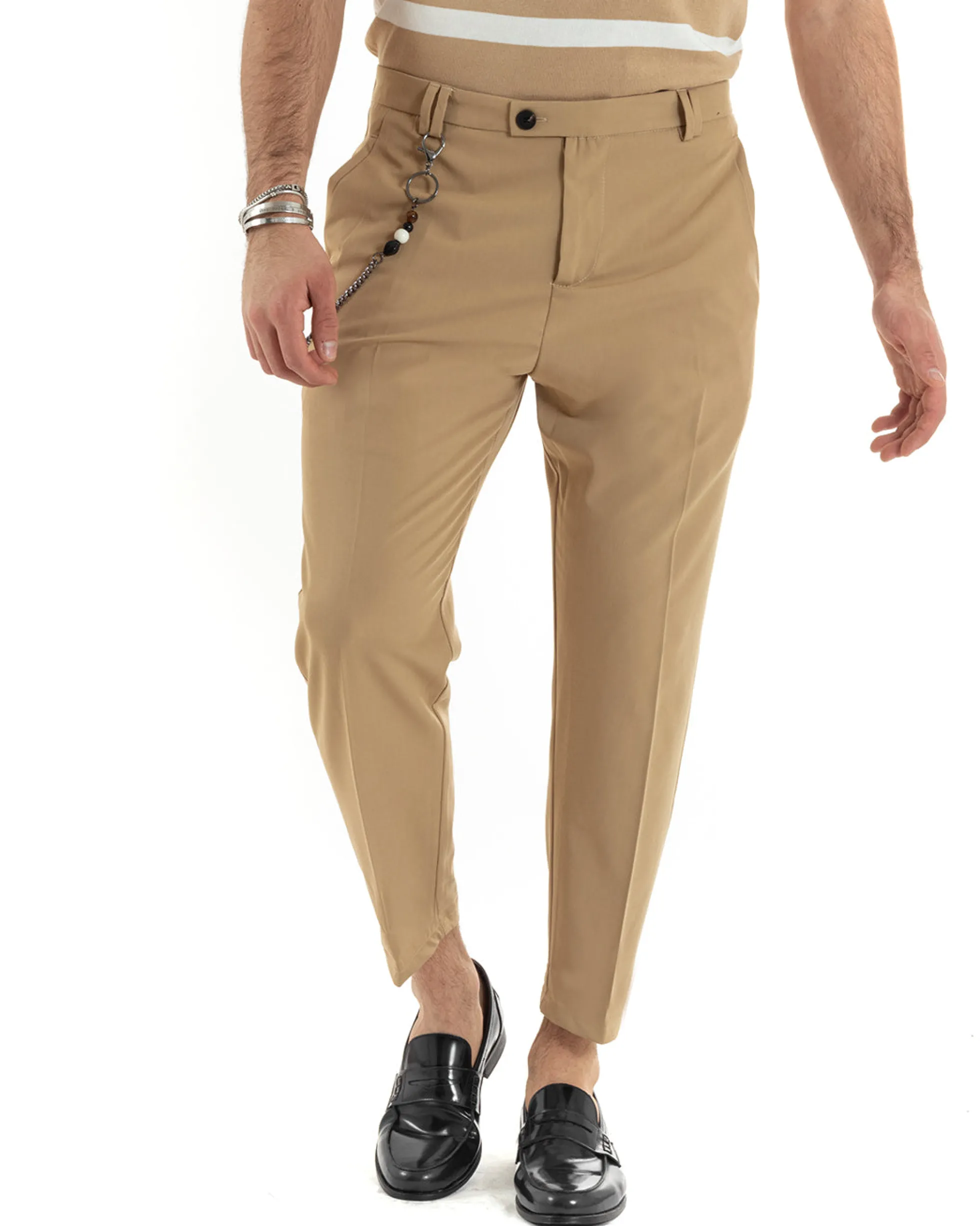 Pantaloni Uomo Viscosa Con Tasca America Con Abbottonatura Allungata Capri Sartoriale Camel GIOSAL-P5980A