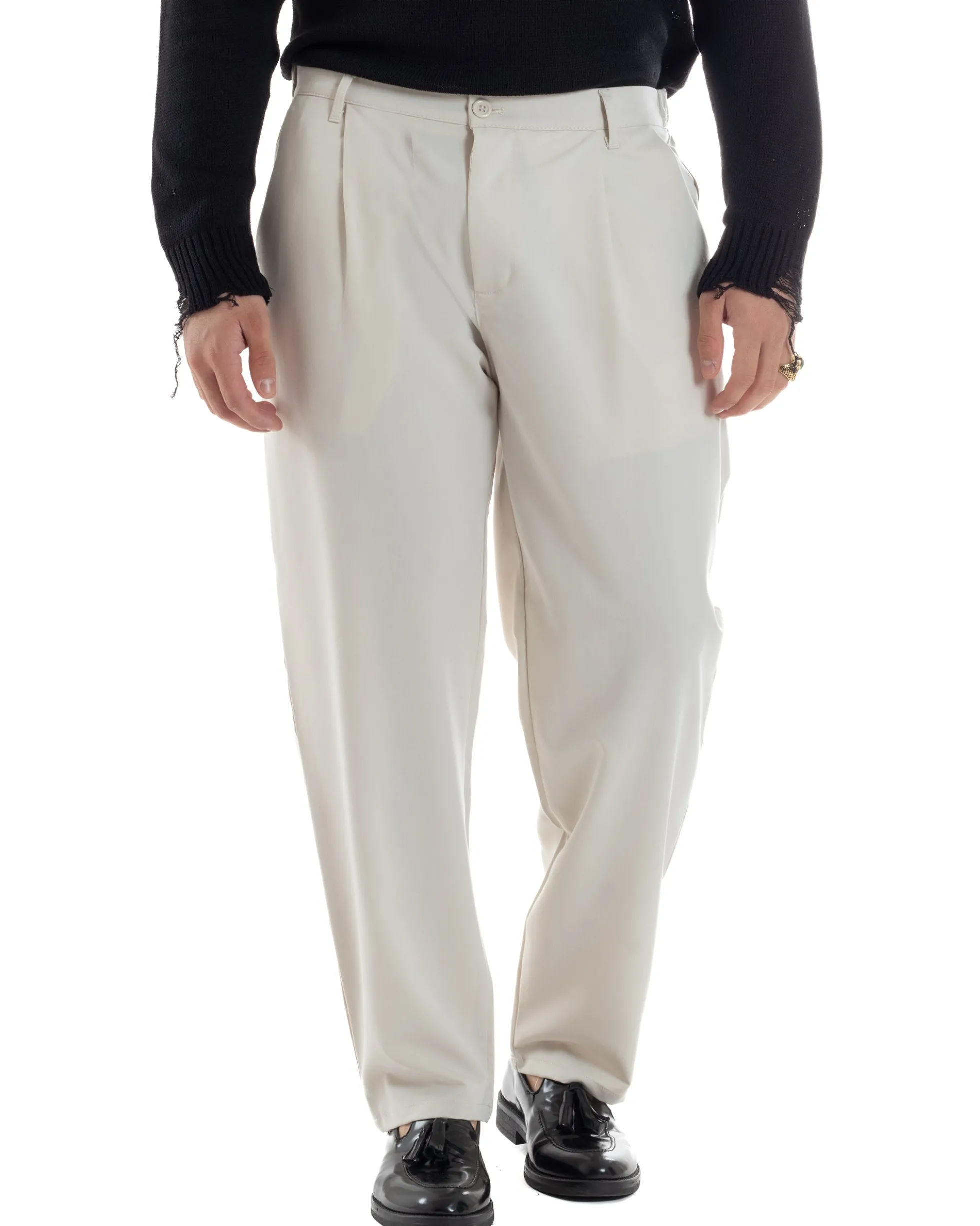 Pantaloni Uomo Viscosa Fondo Largo Baggy Con Pinces Comodo Elastico Sul Retro Relaxed Fit Casual Elegante Panna GIOSAL-P6239A