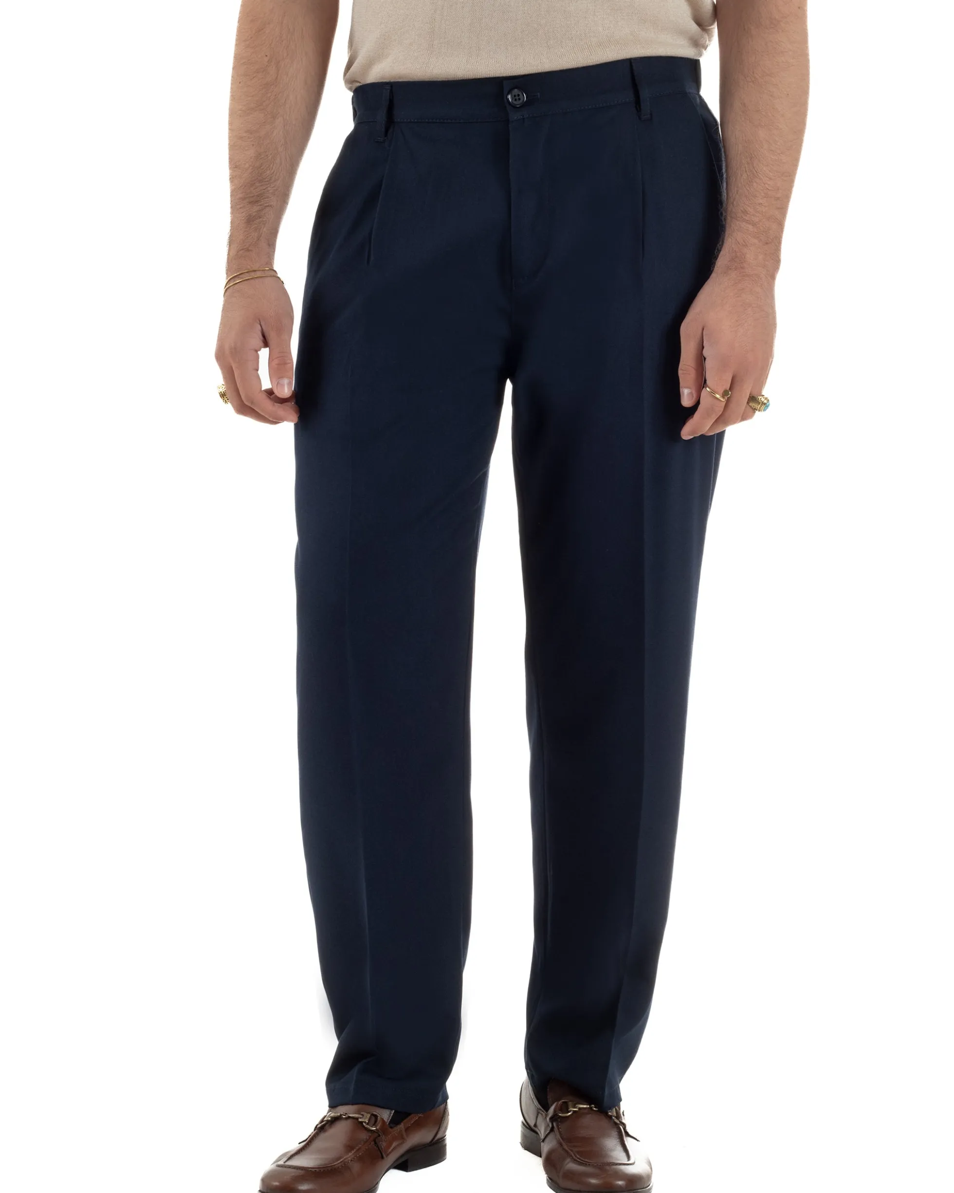 Pantaloni uomo viscosa leggero fondo largo baggy con pinces blu GIOSAL-P6470A