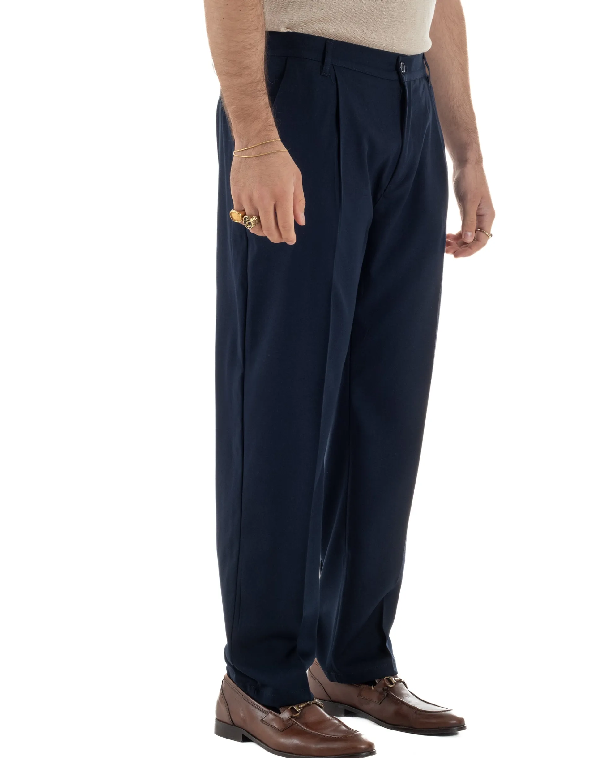 Pantaloni uomo viscosa leggero fondo largo baggy con pinces blu GIOSAL-P6470A