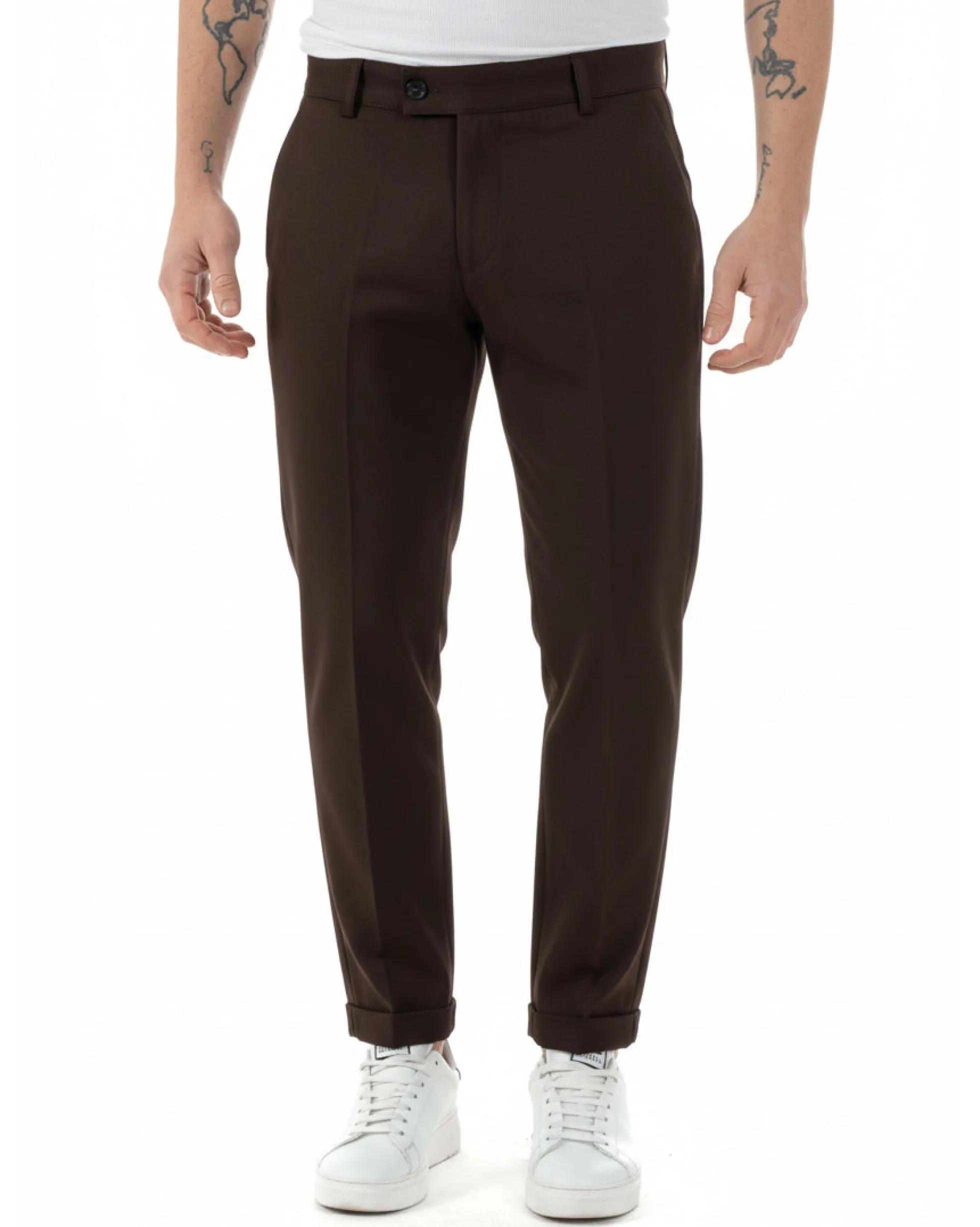 Pantaloni uomo viscosa leggera abbottonatura allungata tasche america classico marrone GIOSAL-P6468A