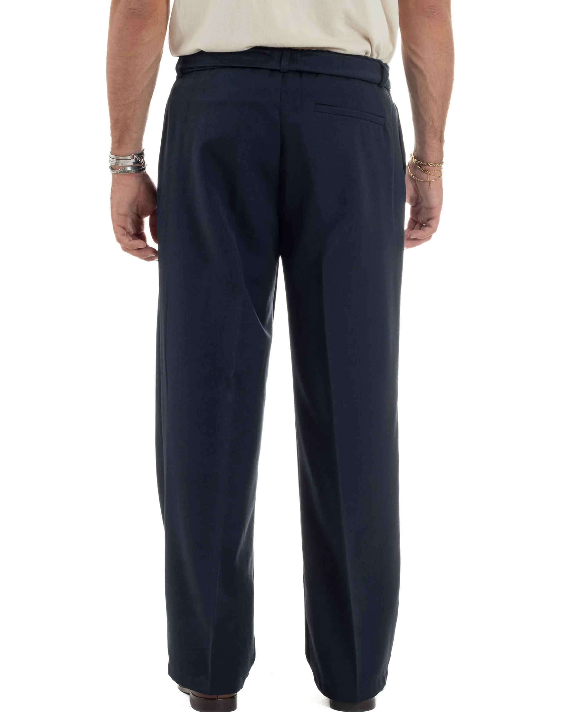 Pantaloni Uomo Viscosa Palazzo Fondo Ampio Cintura Baggy Blu P6401A