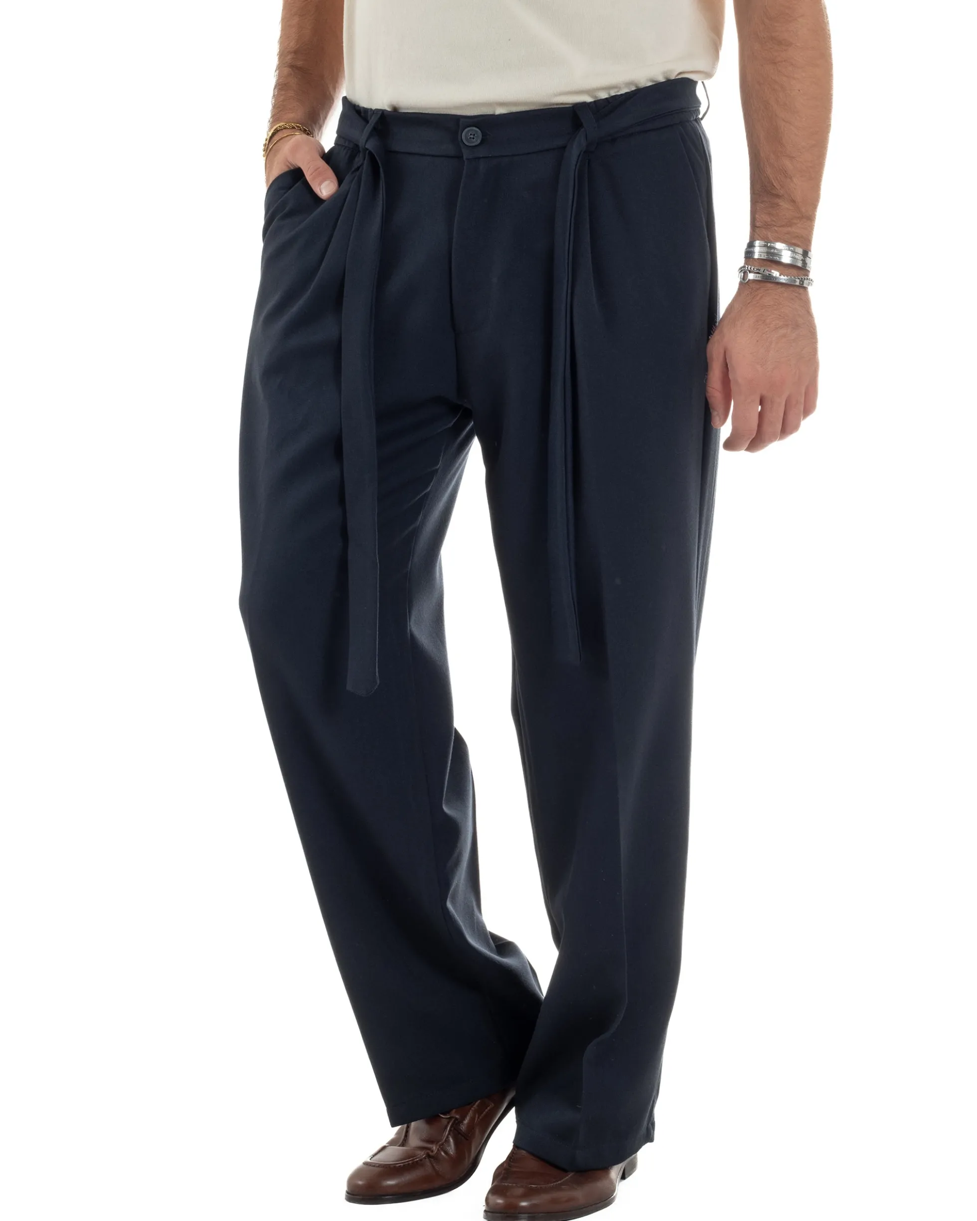 Pantaloni Uomo Viscosa Palazzo Fondo Ampio Cintura Baggy Blu P6401A