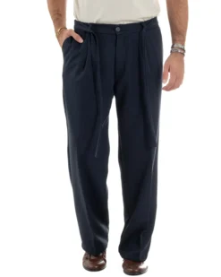 Pantaloni Uomo Viscosa Palazzo Fondo Ampio Cintura Baggy Blu P6401A