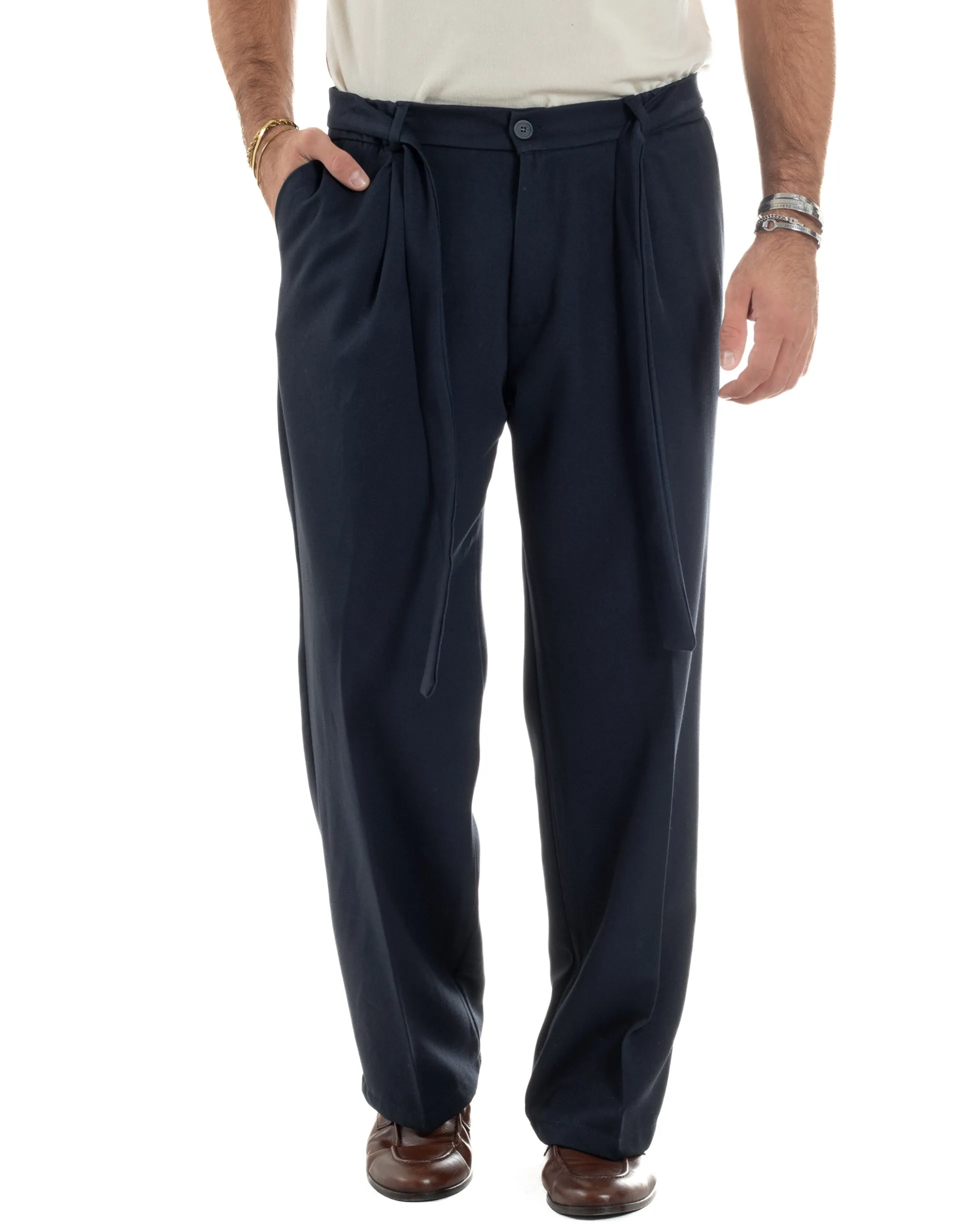 Pantaloni Uomo Viscosa Palazzo Fondo Ampio Cintura Baggy Blu P6401A
