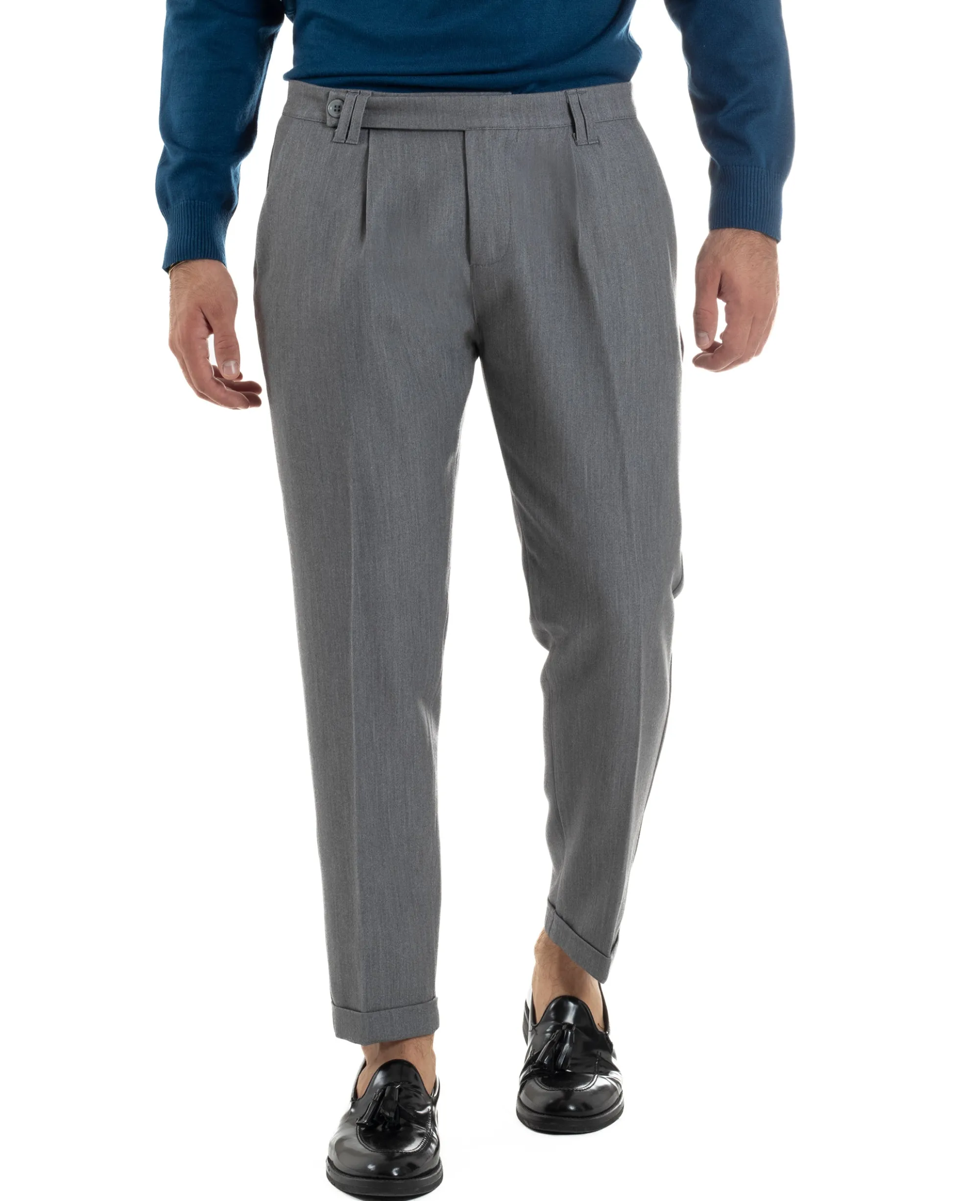 Pantaloni Uomo Viscosa Pinces Classico Abbottonatura Allungata Grigio P6393A