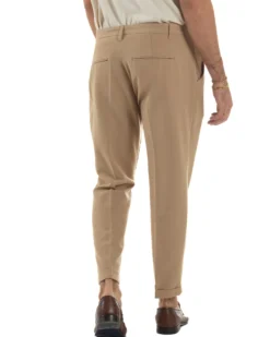 Pantaloni Uomo Viscosa Pinces Classico Abbottonatura Allungata Beige P6397A