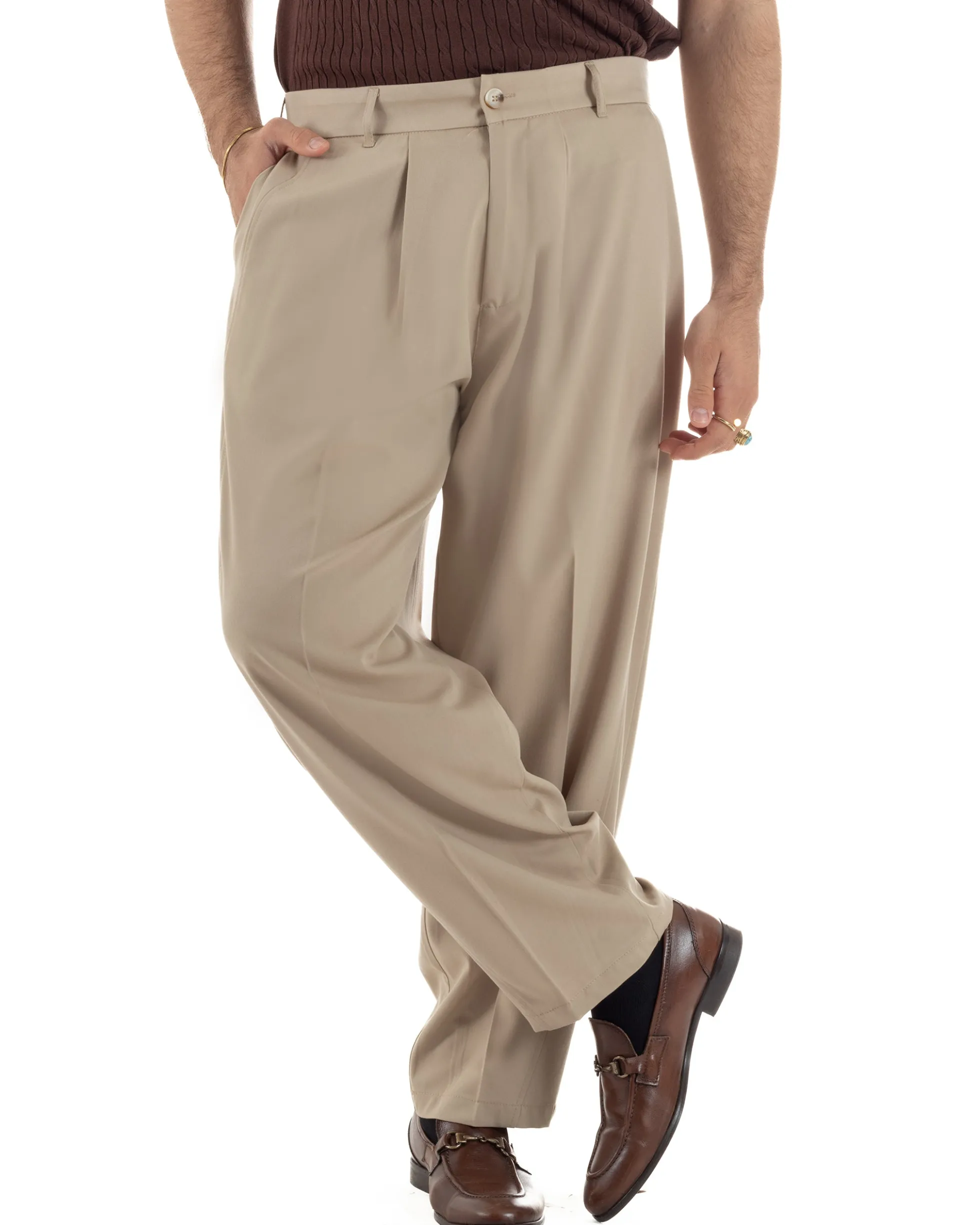 Pantaloni uomo viscosa pinces barrel fit strutturato beige GIOSAL-P6478A