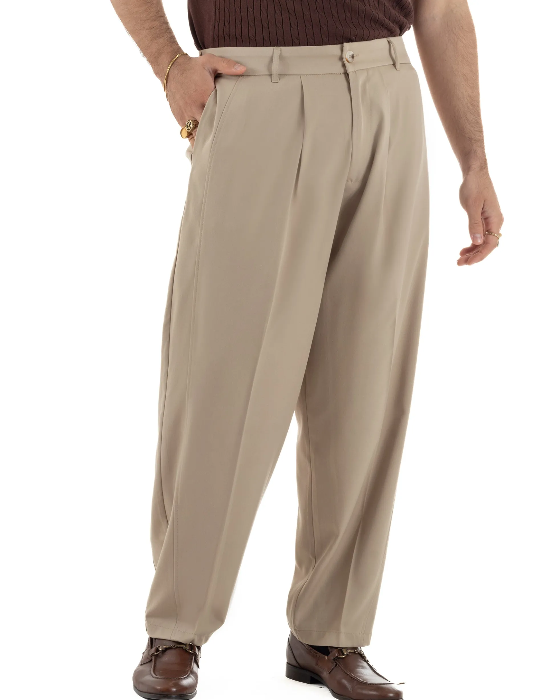 Pantaloni uomo viscosa pinces barrel fit strutturato beige GIOSAL-P6478A