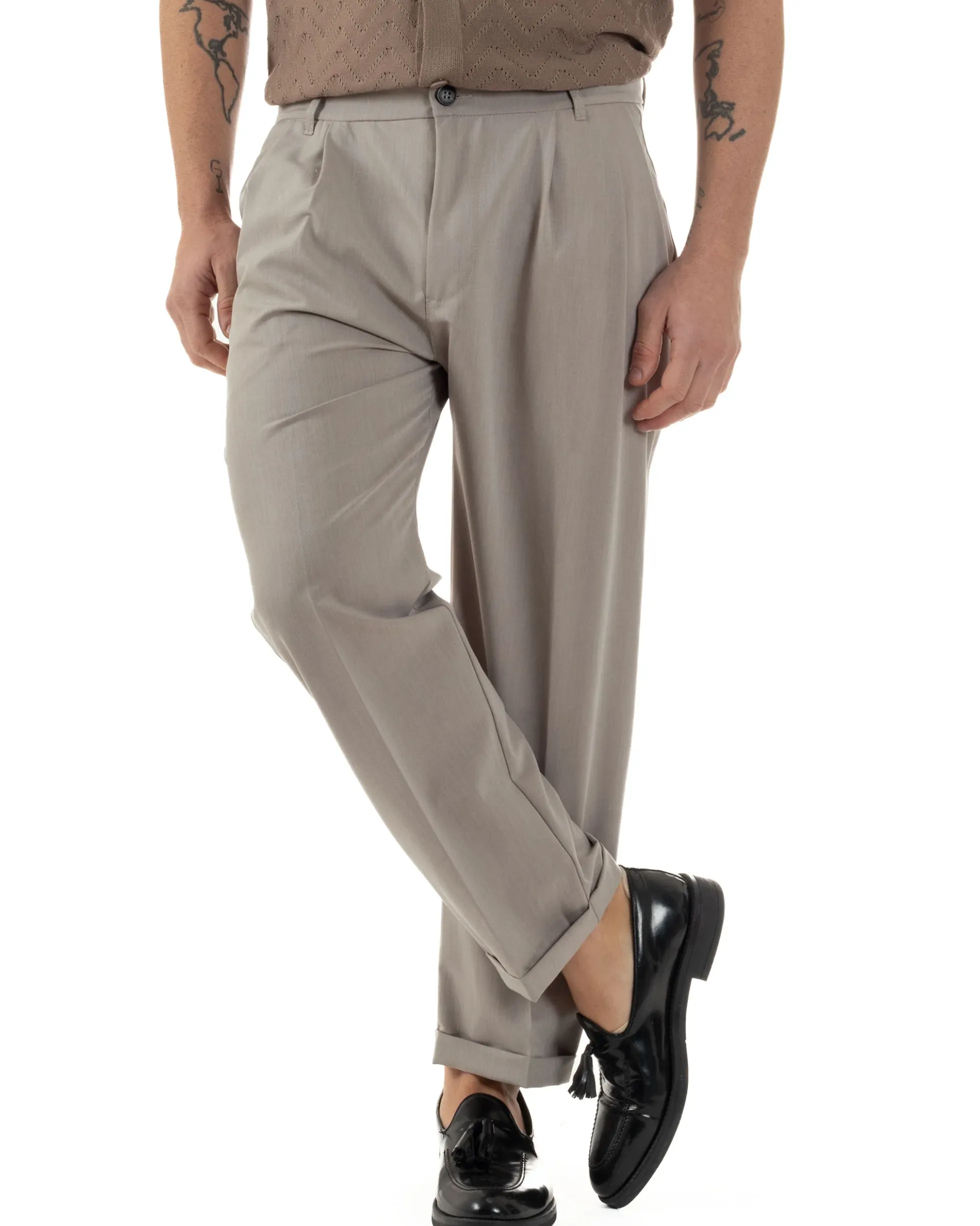 Pantaloni Uomo Viscosa Tasche America Doppia Pinces Comodo Balloon Fit Casual Tinta Unita Beige GIOSAL-P6240A