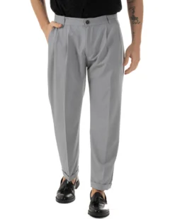 Pantaloni Uomo Viscosa Tasche America Doppia Pinces Comodo Balloon Fit Casual Tinta Unita Grigio GIOSAL-P6242A