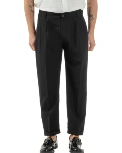 Pantaloni Uomo Viscosa Tasche America Doppia Pinces Comodo Balloon Fit Casual Tinta Unita Nero GIOSAL-P6241A