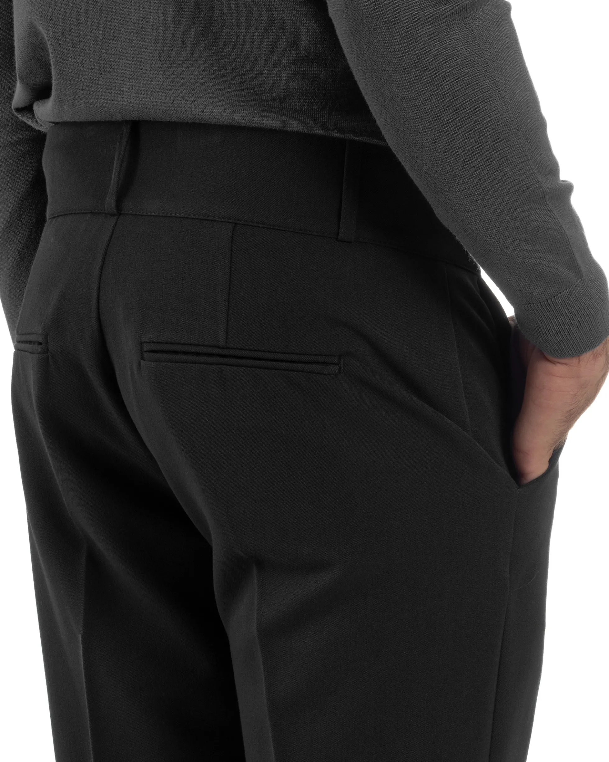 Pantaloni Uomo Viscosa Vita Alta Con Pinces Classico Casual Nero P6375A
