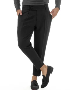 Pantaloni Uomo Viscosa Vita Alta Con Pinces Classico Casual Nero P6375A