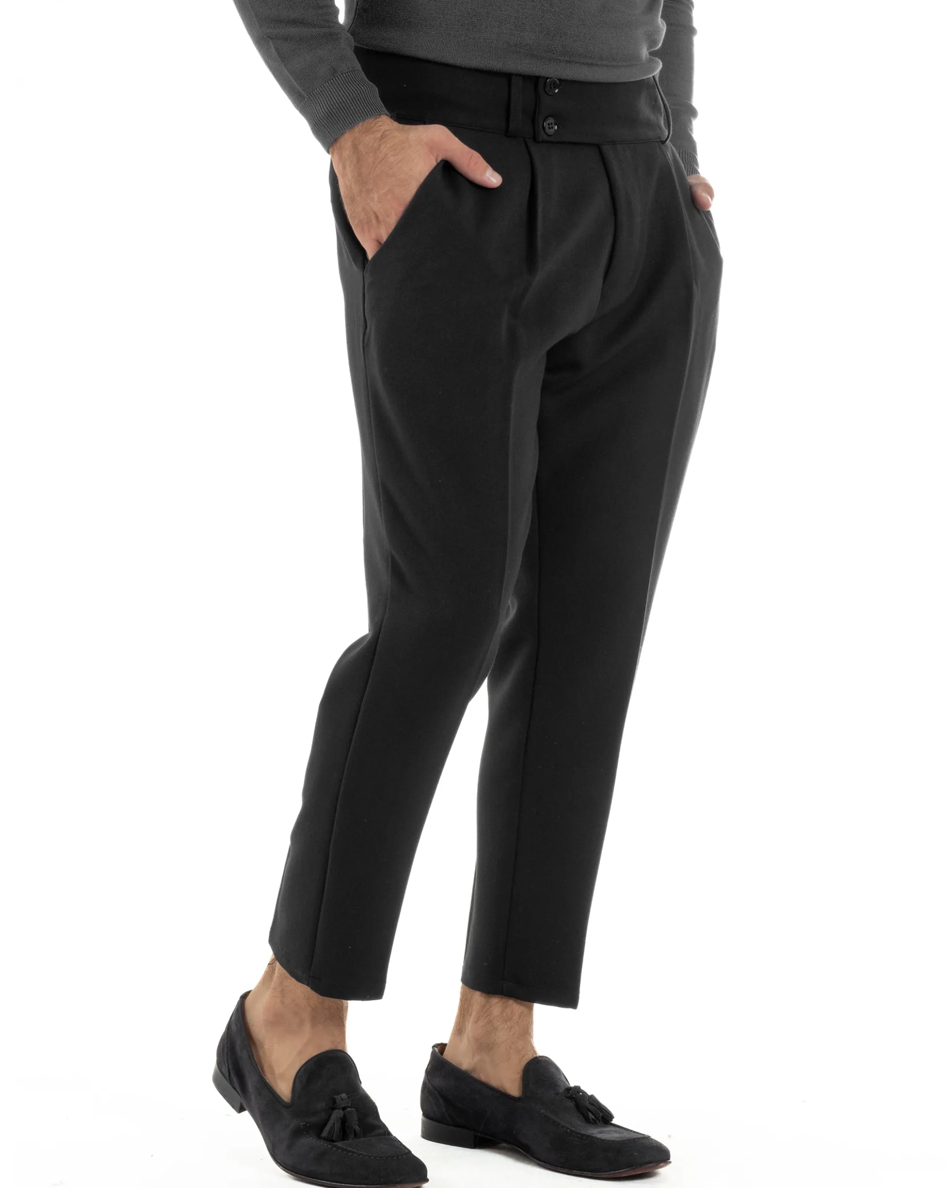 Pantaloni Uomo Viscosa Vita Alta Con Pinces Classico Casual Nero P6375A