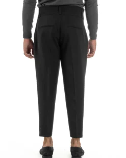Pantaloni Uomo Viscosa Vita Alta Con Pinces Classico Casual Nero P6375A