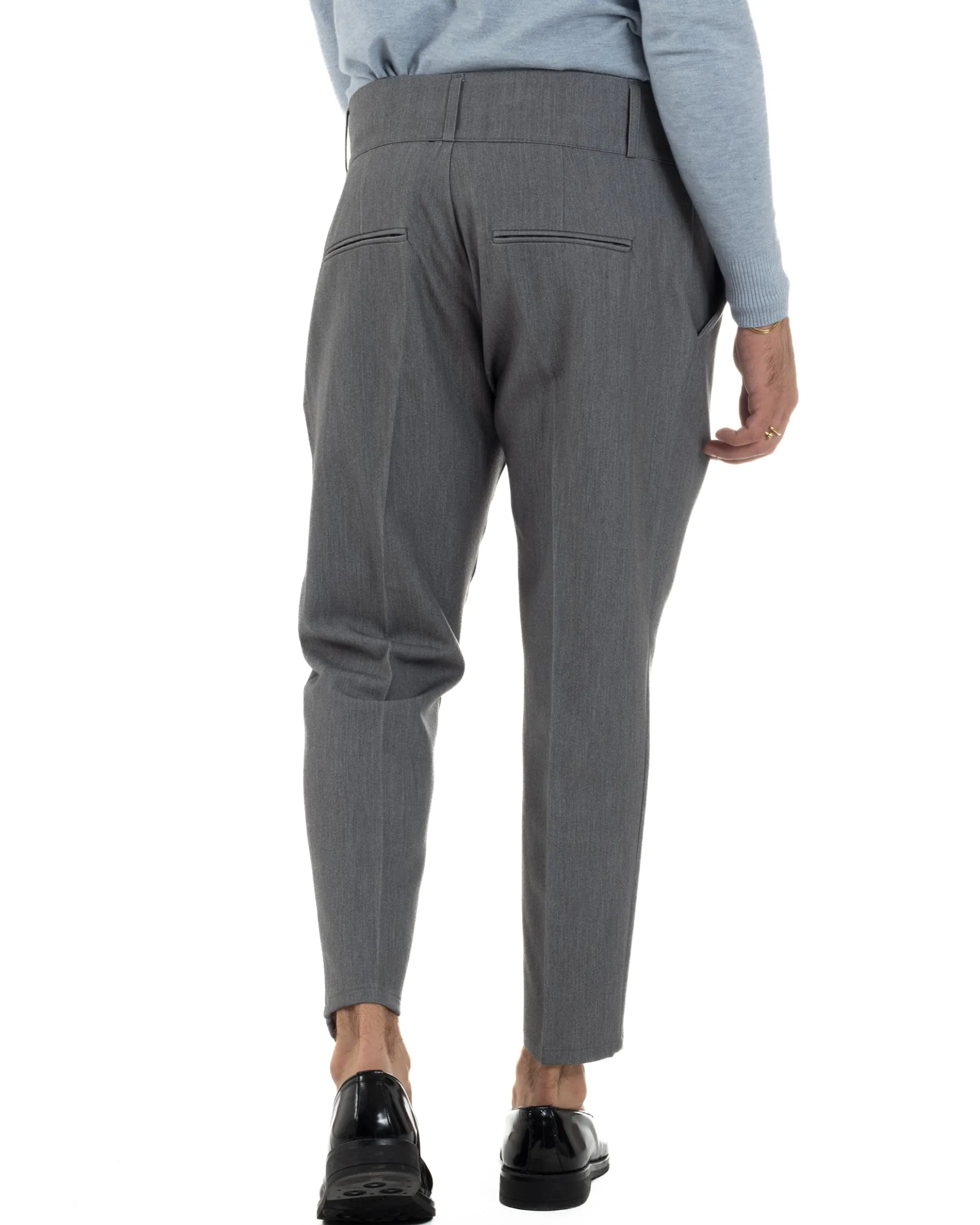 Pantaloni Uomo Viscosa Vita Alta Con Pinces Classico Casual Grigio P6372A