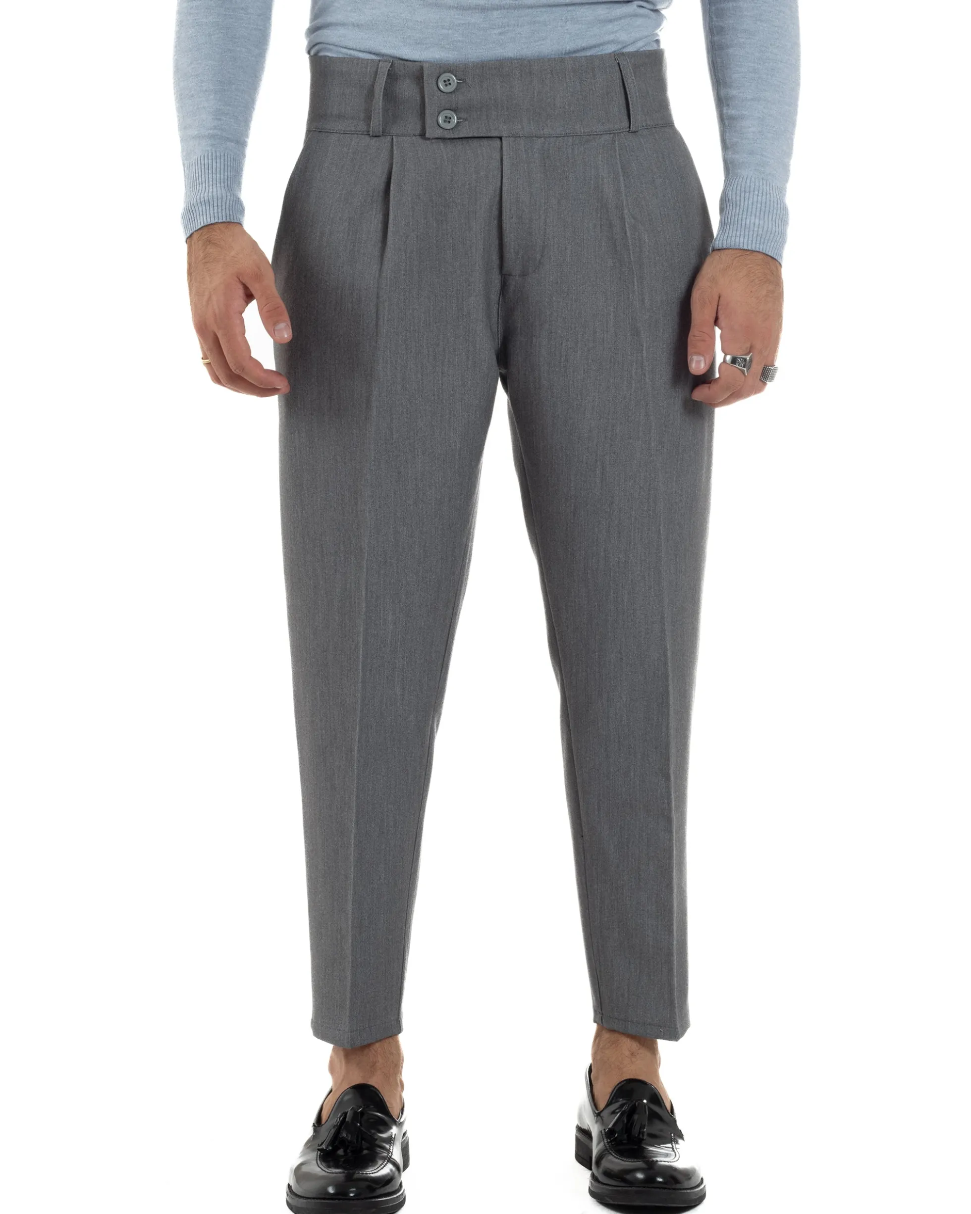 Pantaloni Uomo Viscosa Vita Alta Con Pinces Classico Casual Grigio P6372A