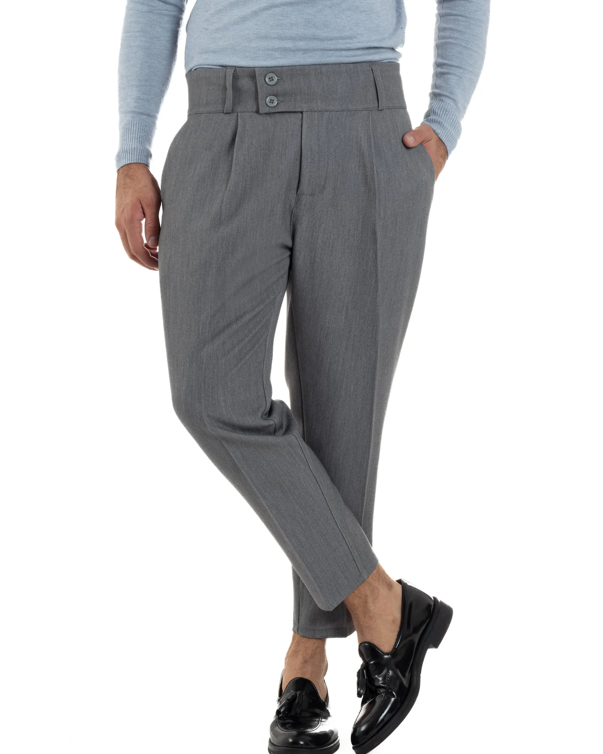 Pantaloni Uomo Viscosa Vita Alta Con Pinces Classico Casual Grigio P6372A