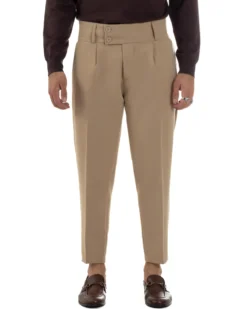 Pantaloni Uomo Viscosa Vita Alta Con Pinces Classico Casual Beige P6376A