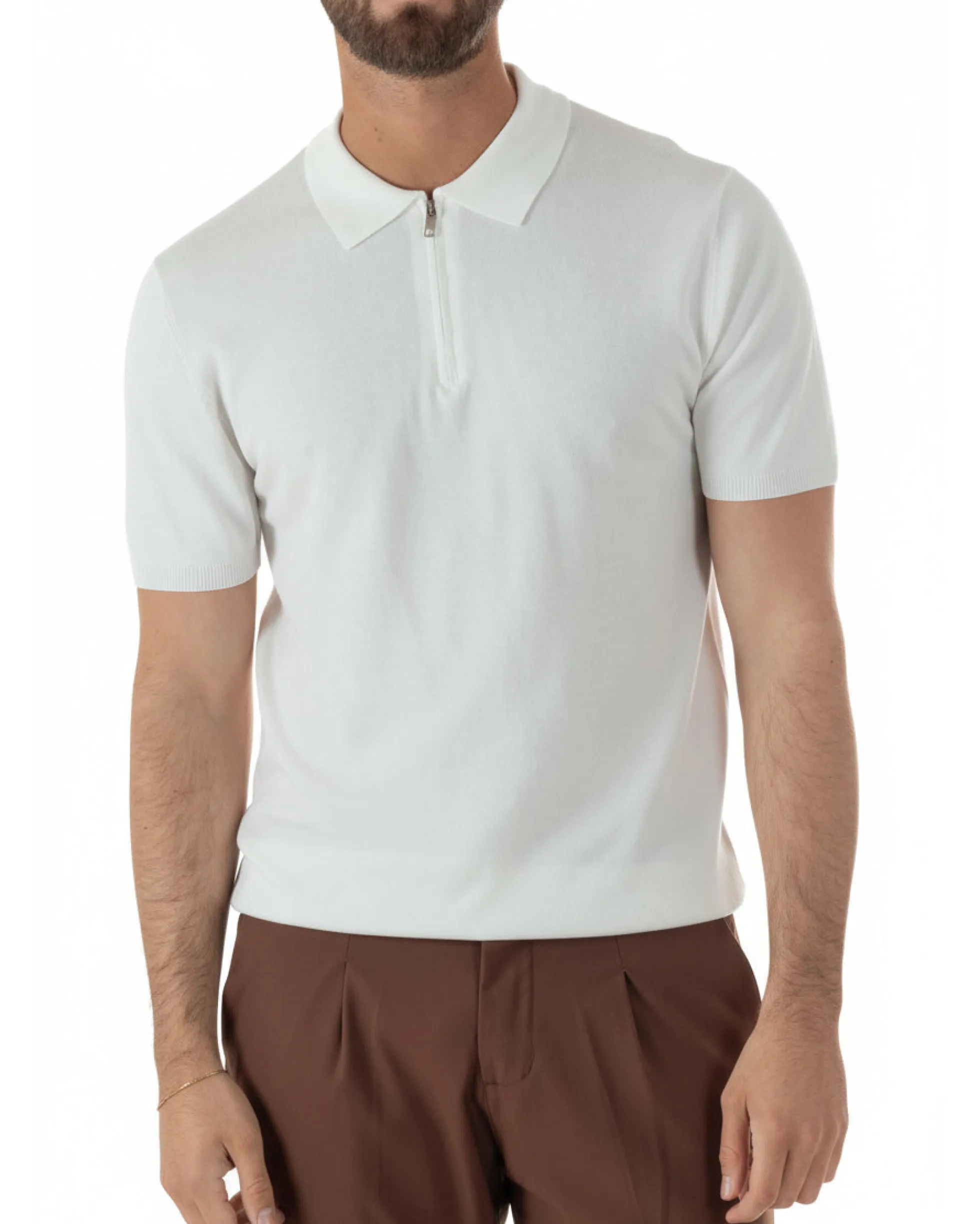 Polo uomo filo maglia colletto con zip t-shirt sottogiacca leggera bianco GIOSAL-TS3212A