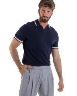 Polo uomo filo maglia colletto aperto sottogiacca scollo v blu GIOSAL-TS3274A